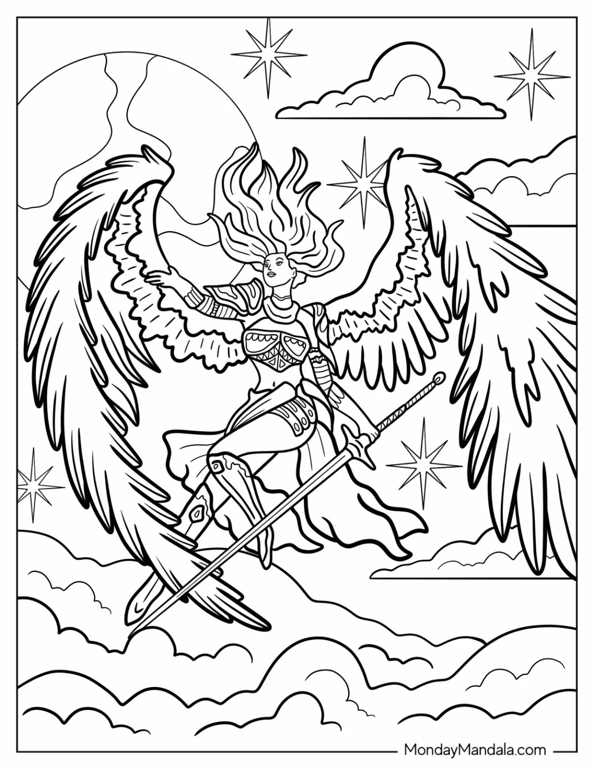 Angelic Knight With Wings In A Starry Night coloring page