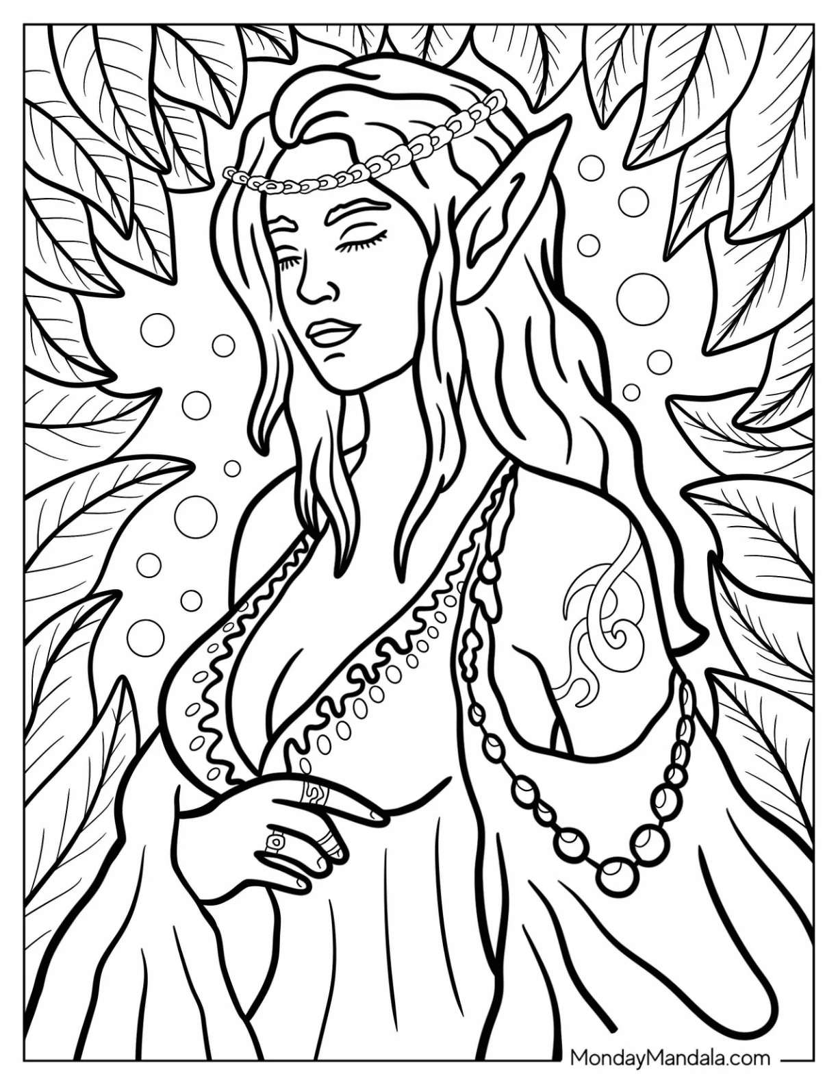 Beautiful Elf In A Dress Surrounded By Leaves Coloring Sheet coloring page — printable line art