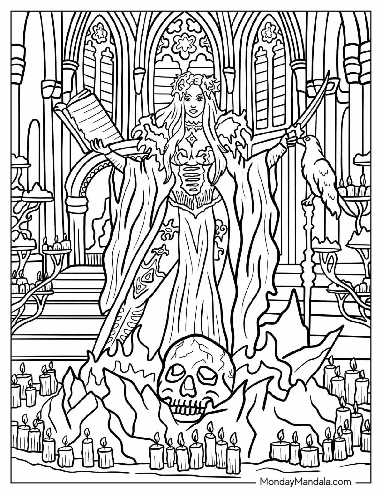 Beautiful Fantasy Sorceress Casting A Spell coloring page
