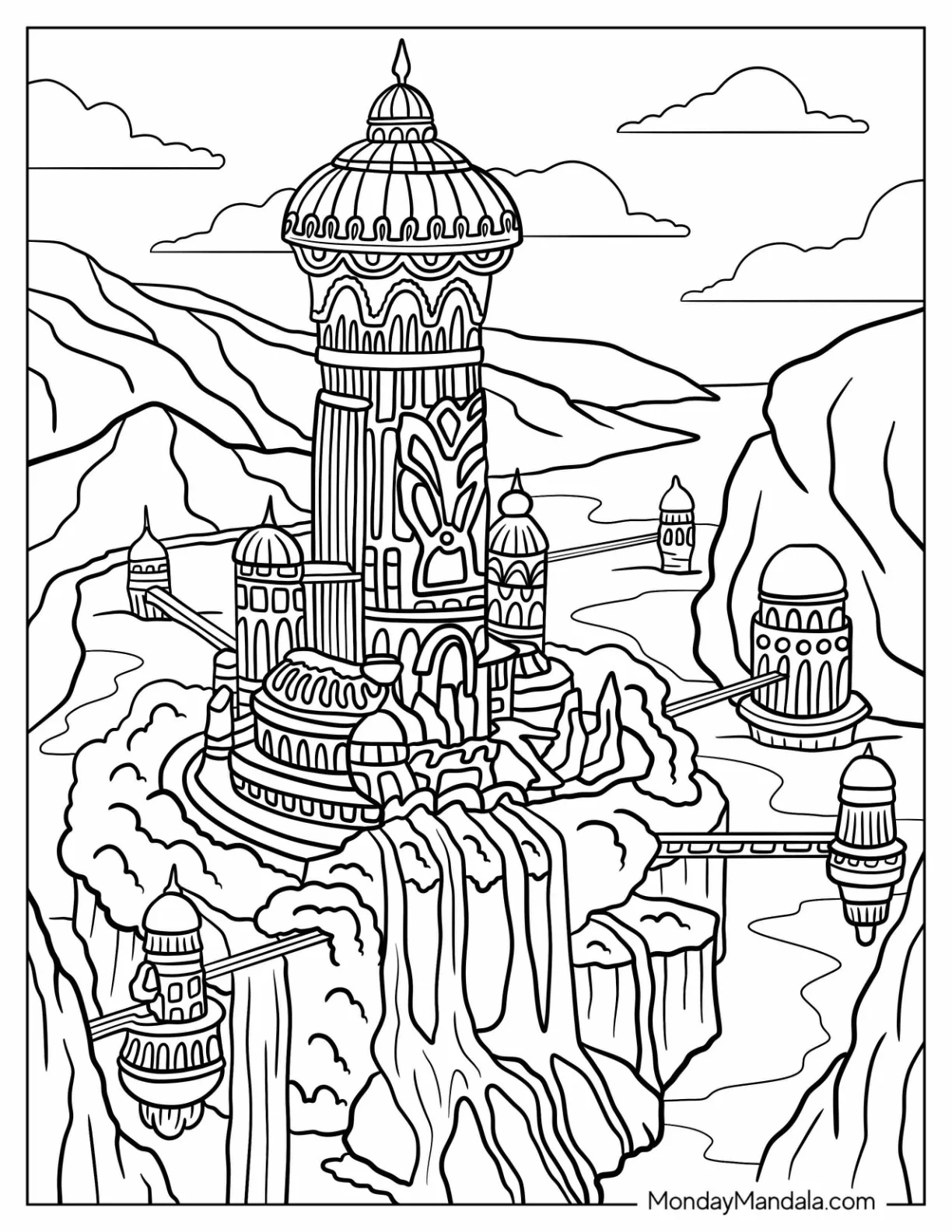 Detailed Fantasy Castle With A Lake Coloring Page coloring page