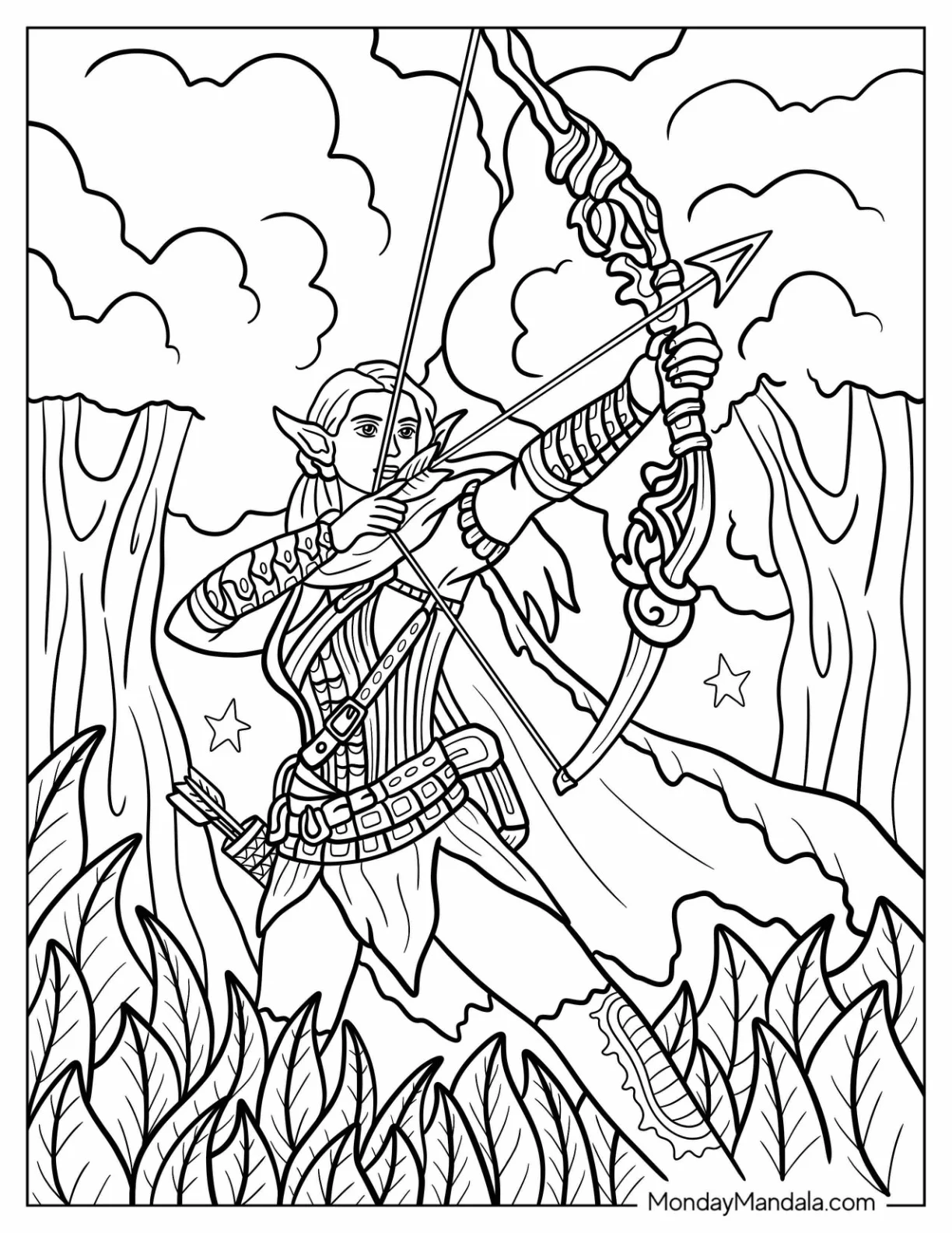 Elven Archer In The Forest Coloring Page coloring page — printable line art