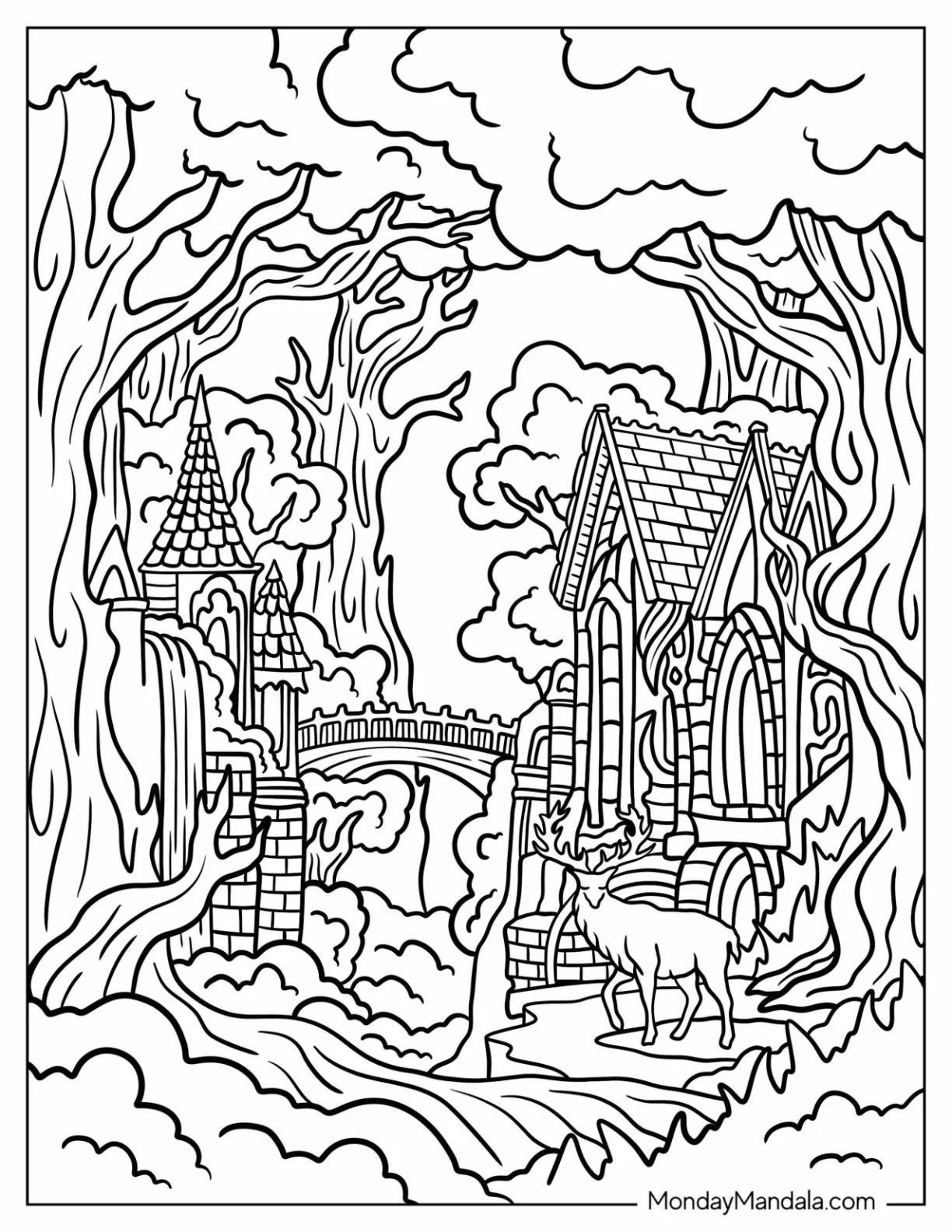 Fantasy Cottagecore Village With A Deer coloring page
