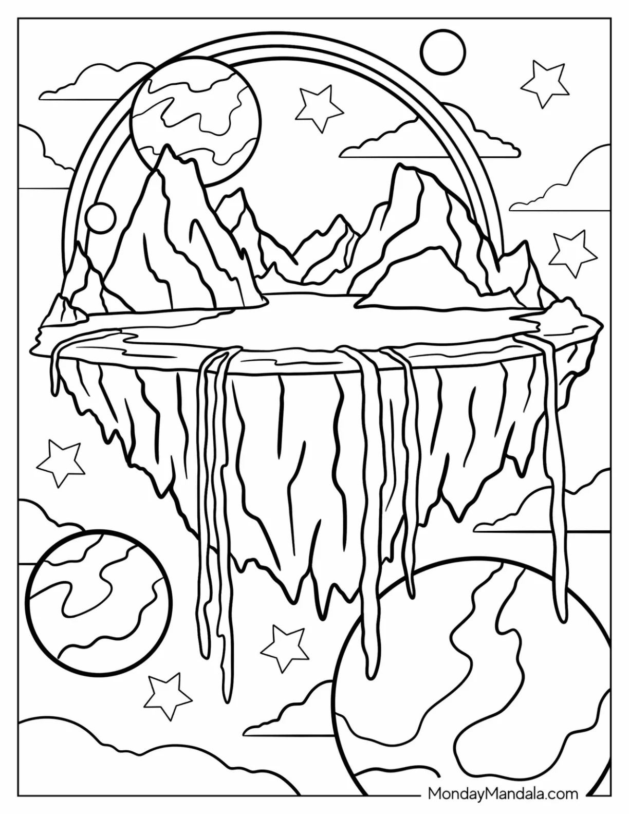 Fantasy Island In The Sky With A Rainbow And Lake Coloring Page coloring page