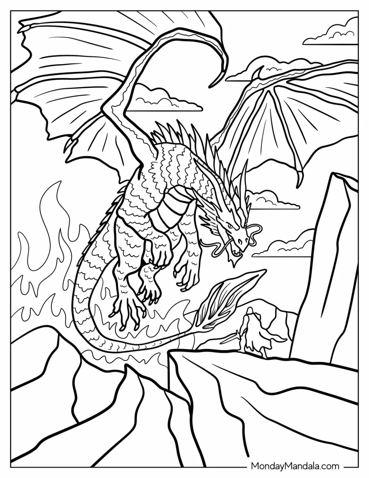 Fantasy Knight Facing A Dragon Coloring Page For Kids coloring page
