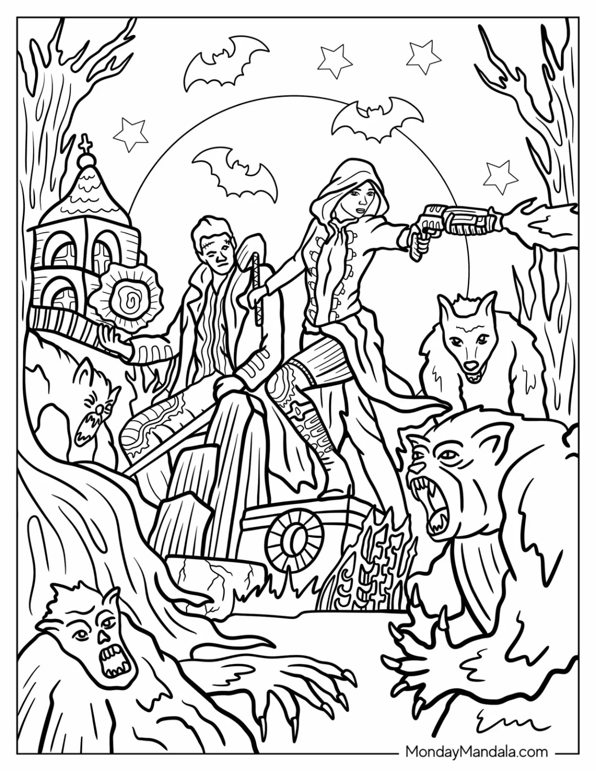 Fantasy Monster Hunters At Night With Werewolves And Bats coloring page