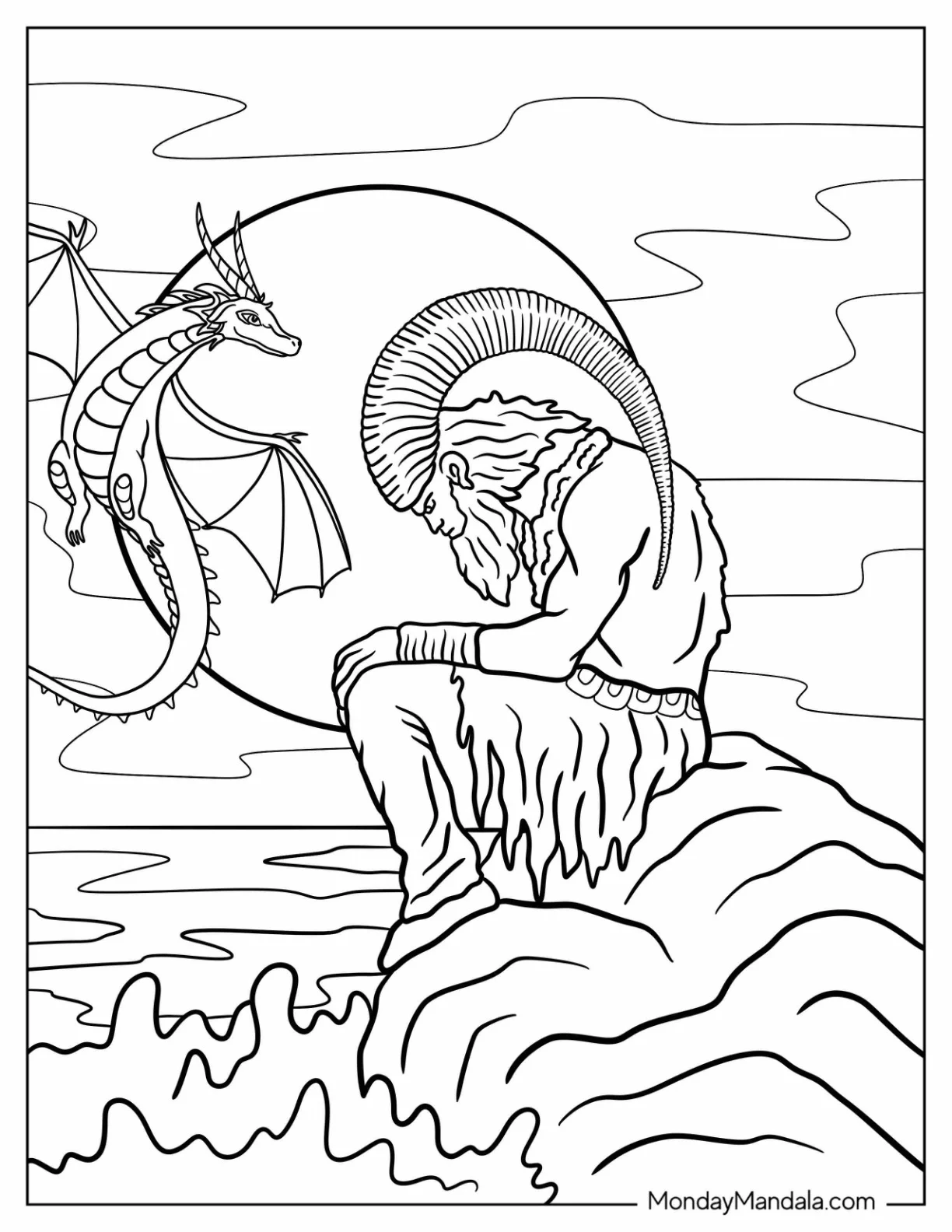 Fantasy Monster With Horn Sitting On The Edge Of The Cliff coloring page