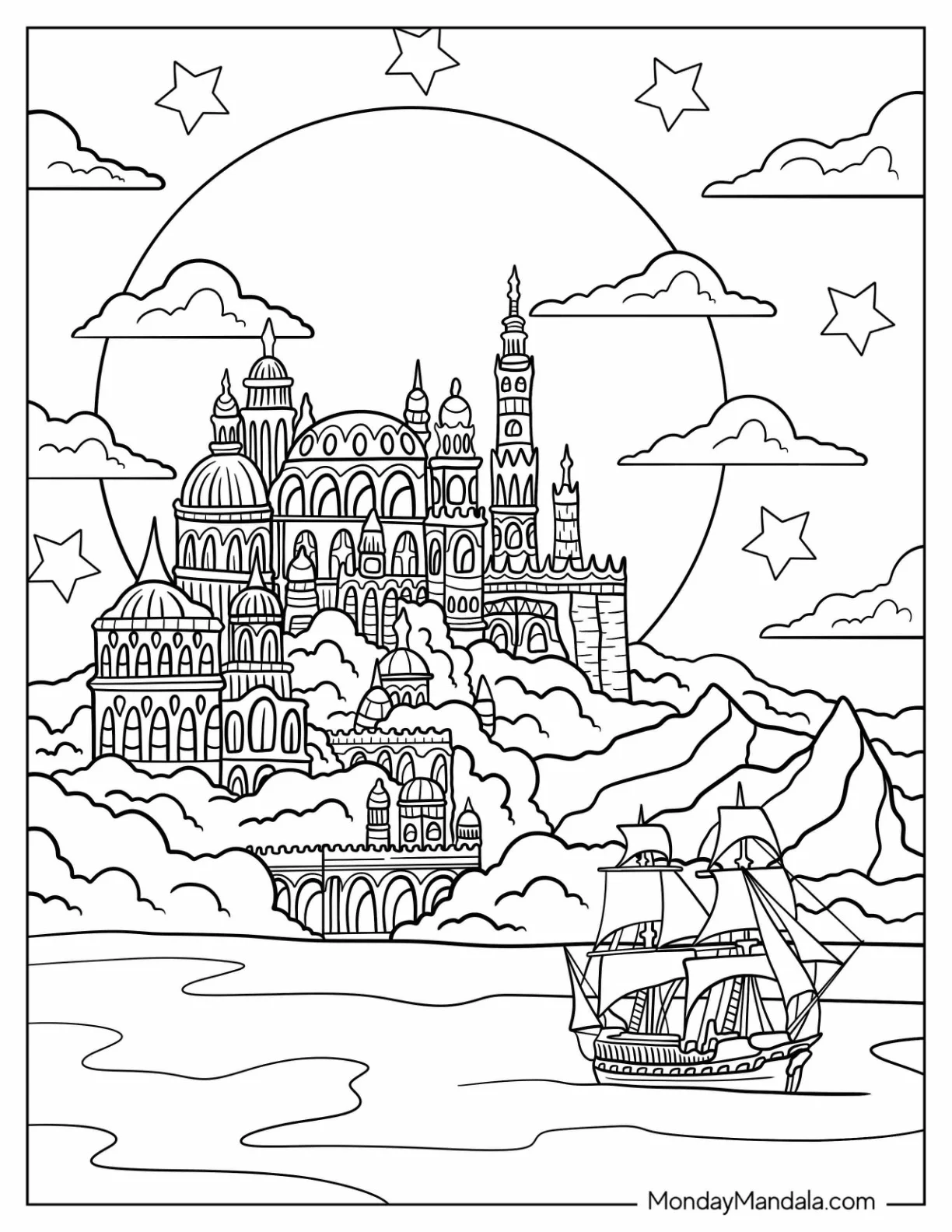 Fantasy Palace By The Sea With A Boat Coloring Sheet coloring page