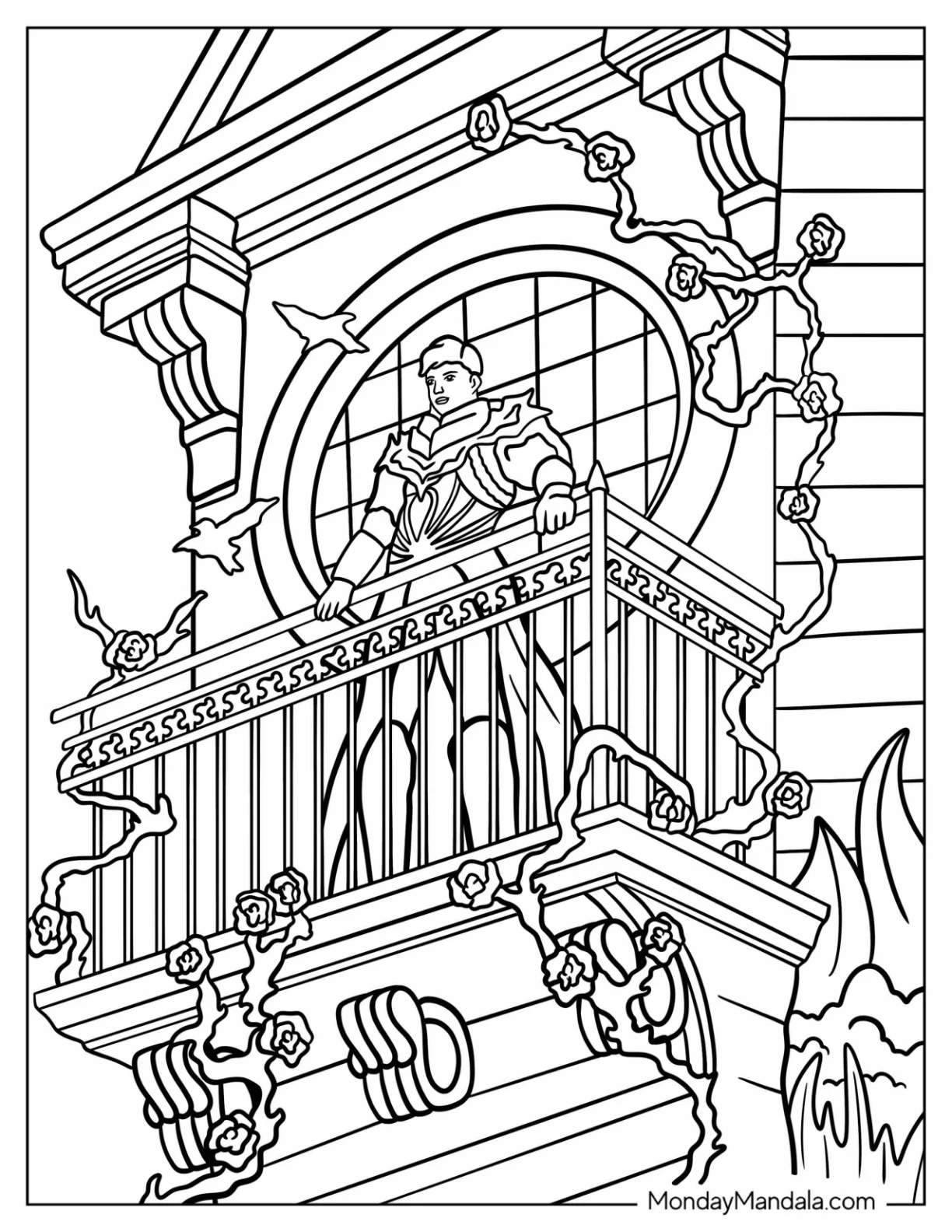 Fantasy Prince Standing On The Balcony Of His Castle Coloring Page coloring page