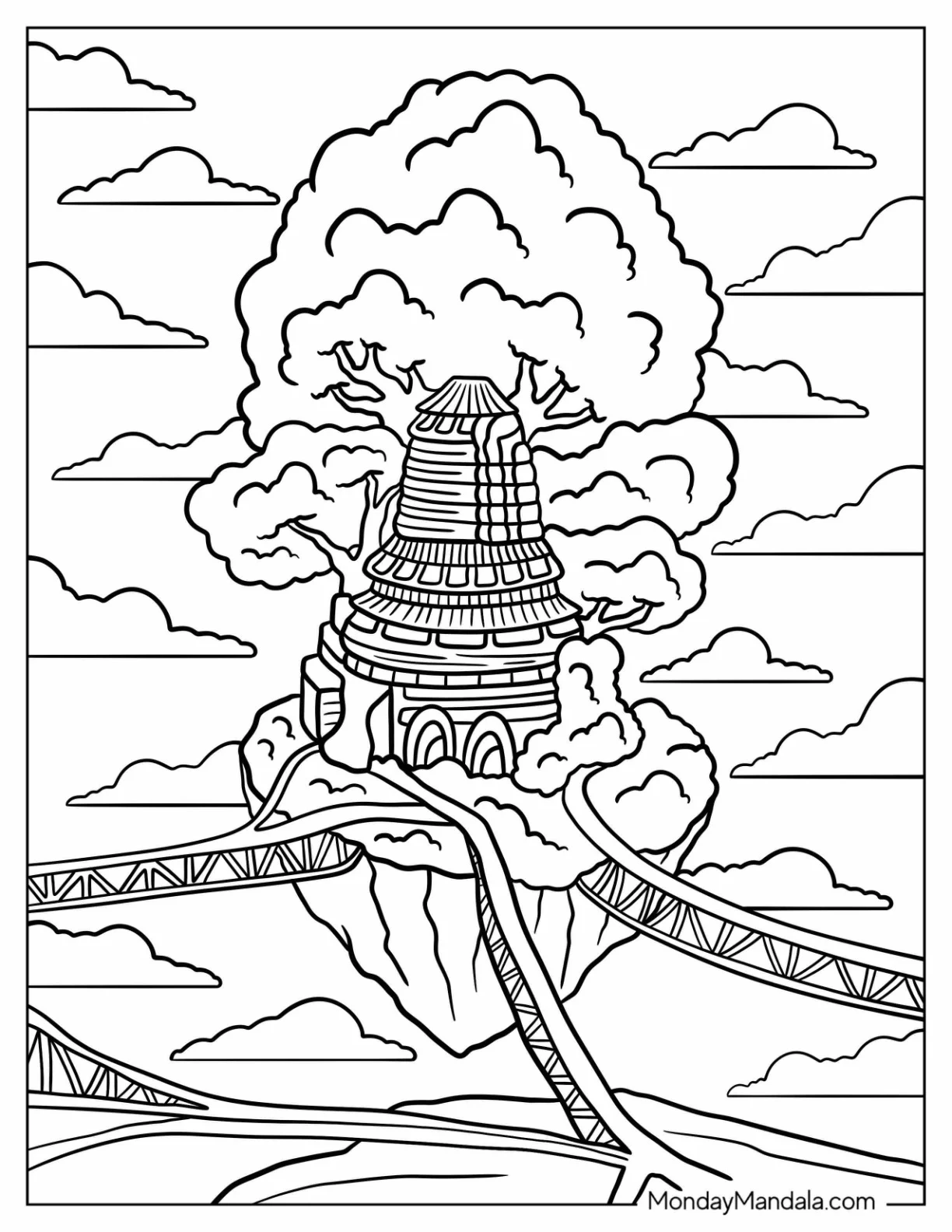 Floating Fantasy Island With Bridges Attached To It Coloring Sheet coloring page