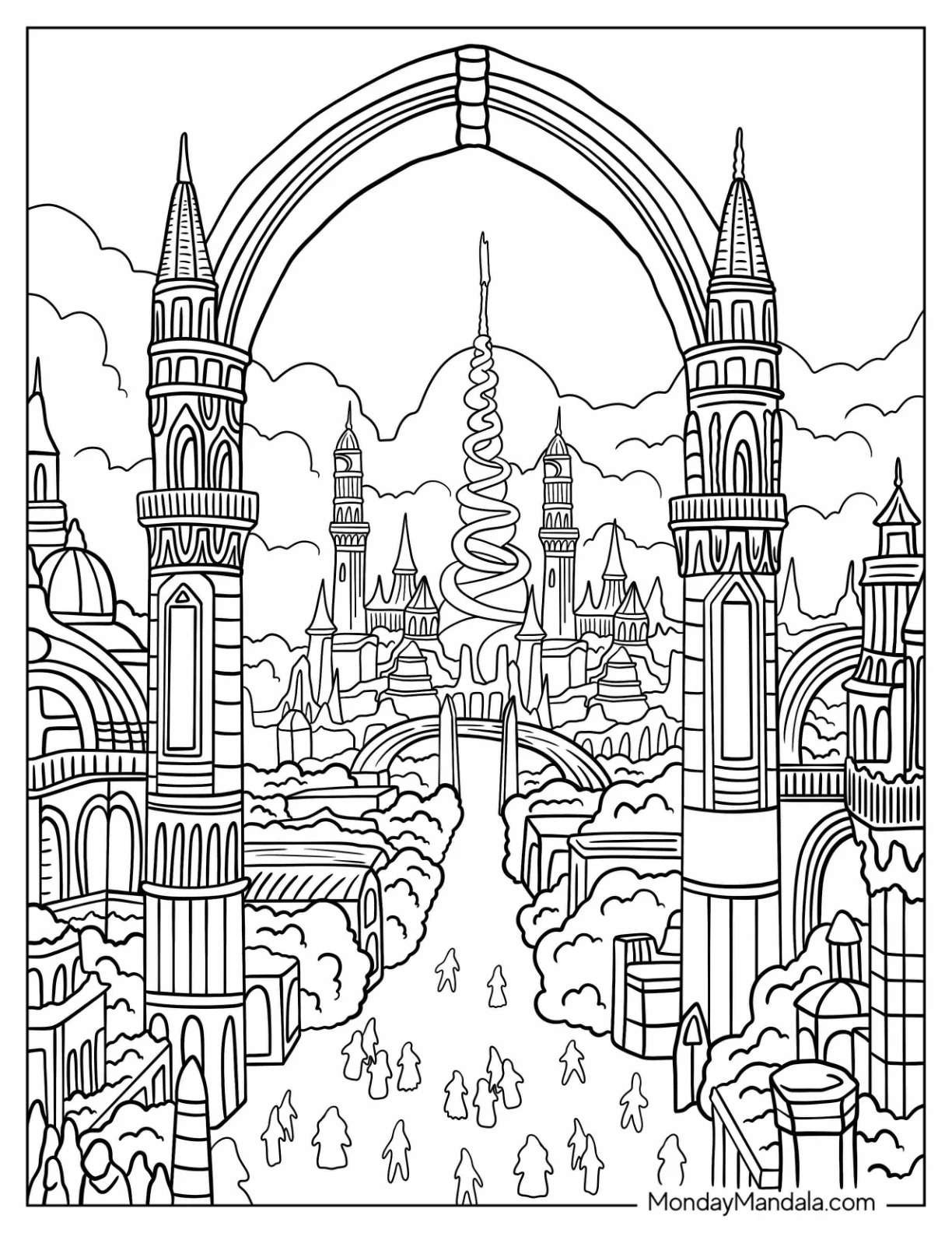 Majestic Fantasy City Coloring Sheet coloring page