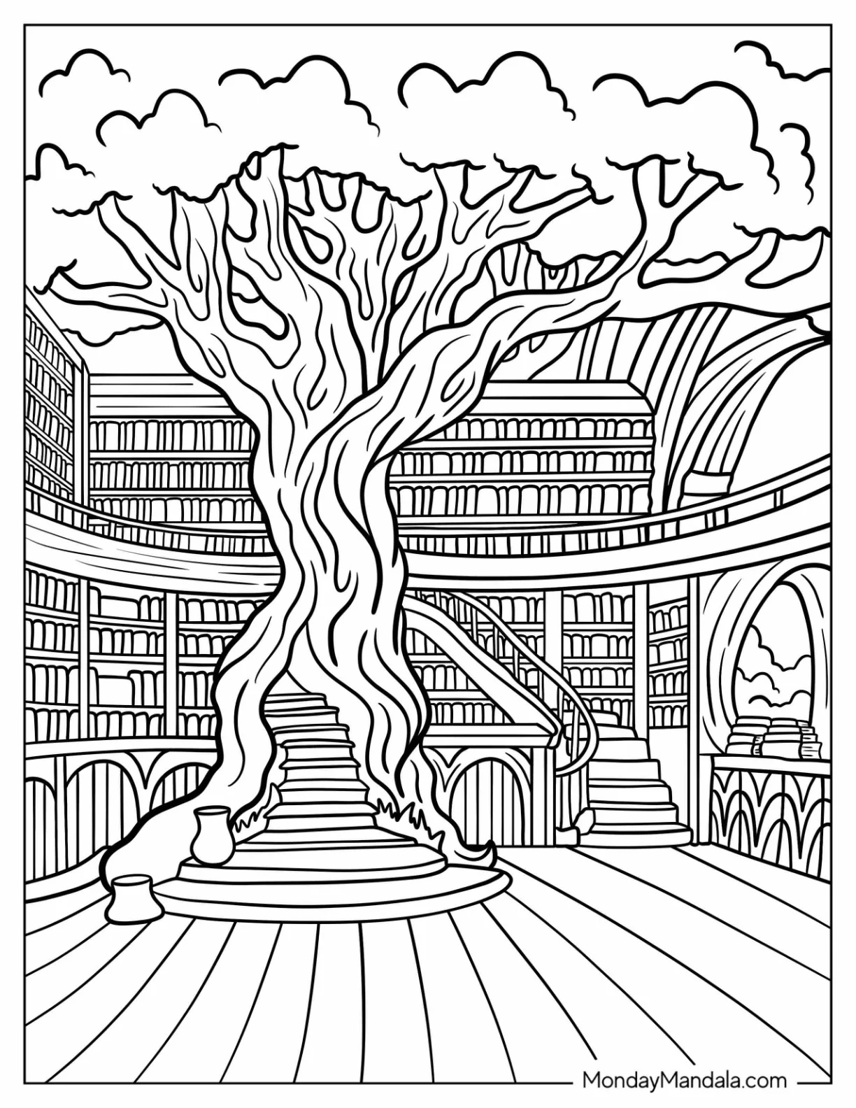 Pretty Fantasy Library With A Massive Tree In The Middle Coloring Page coloring page