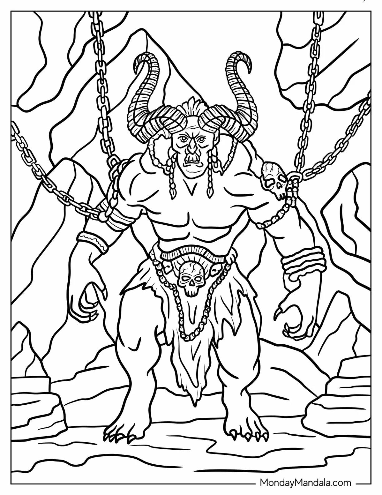 Scary Fantasy Monster With Horns Coloring Sheet coloring page
