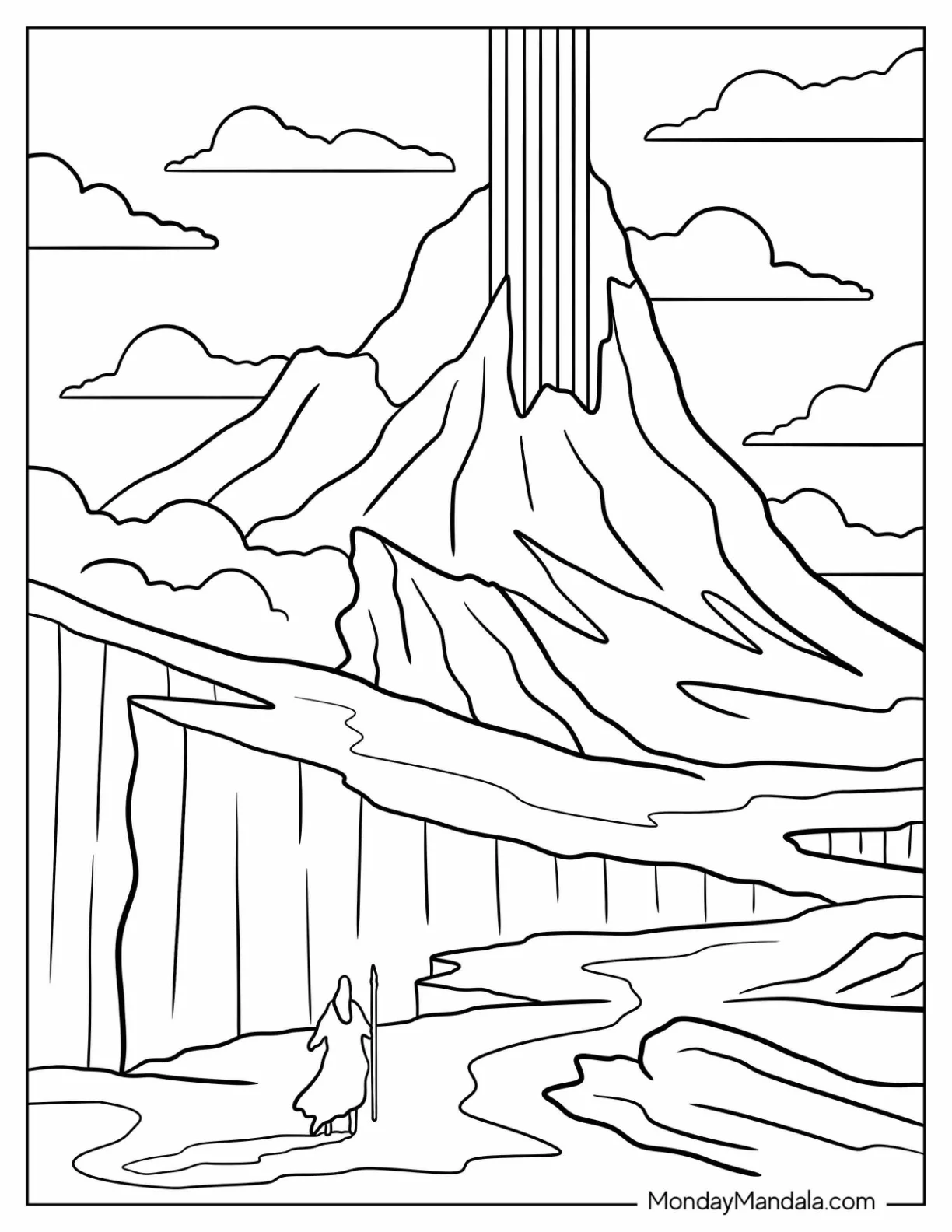 Traveler Looking Up At A Fantasy Mountain Coloring Sheet For Kids coloring page