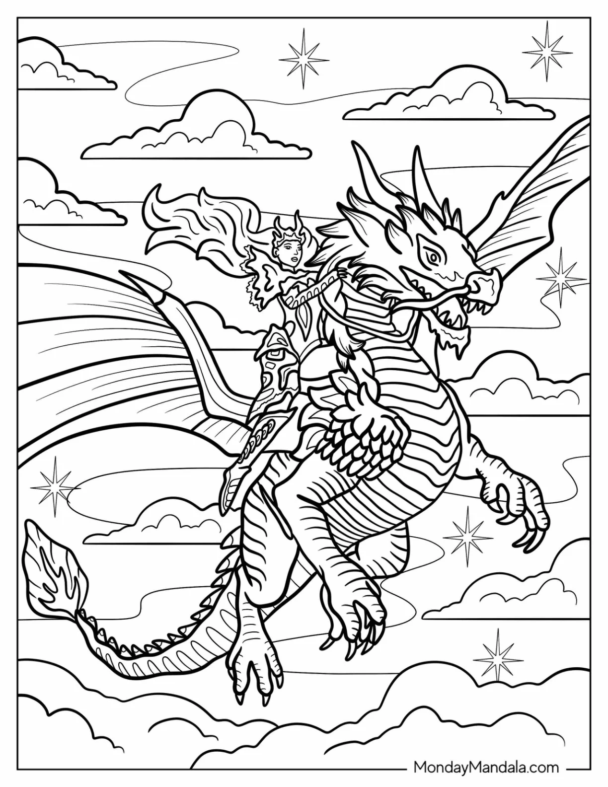 Woman Riding A Dragon Coloring Sheet For Kids coloring page