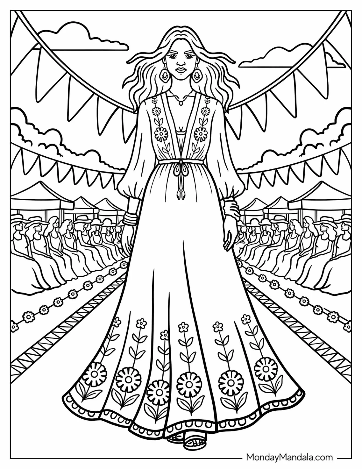 Bohemian Maxi Dress with Floral Embroidery Flowing on a Festival Runway Fashion Coloring Page coloring page