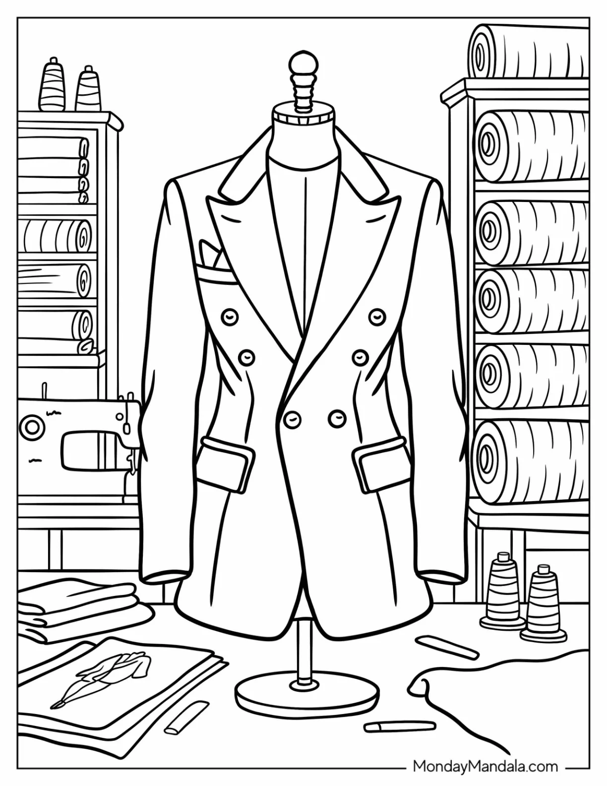 Classic Tailored Blazer on a Mannequin Surrounded by Sewing Tools and Fabrics Fashion Coloring Page coloring page
