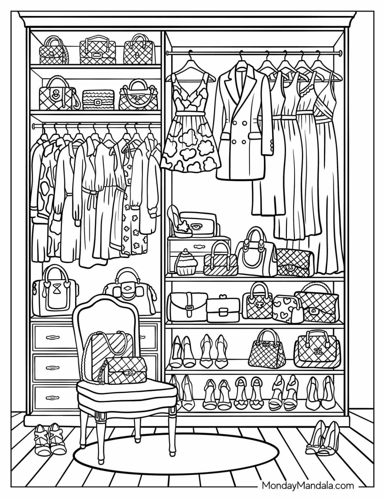 Elegant Walk In Closet Overflowing with Dresses, Shoes, and Handbags for Chic Fashion Coloring Page coloring page — printable line art