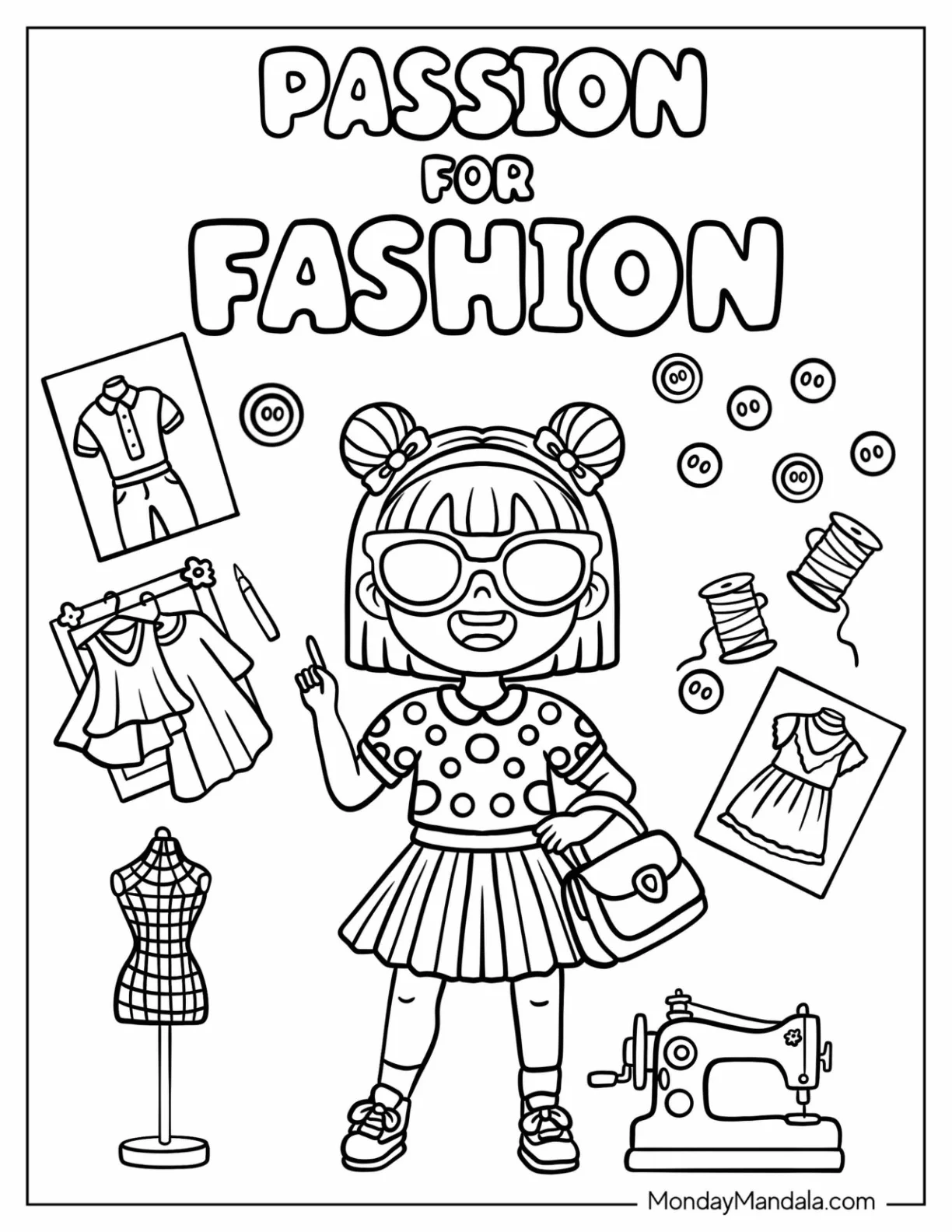 Fashion Coloring Page of Adorable Young Stylist Surrounded by Sewing Tools and Outfits for Kids coloring page