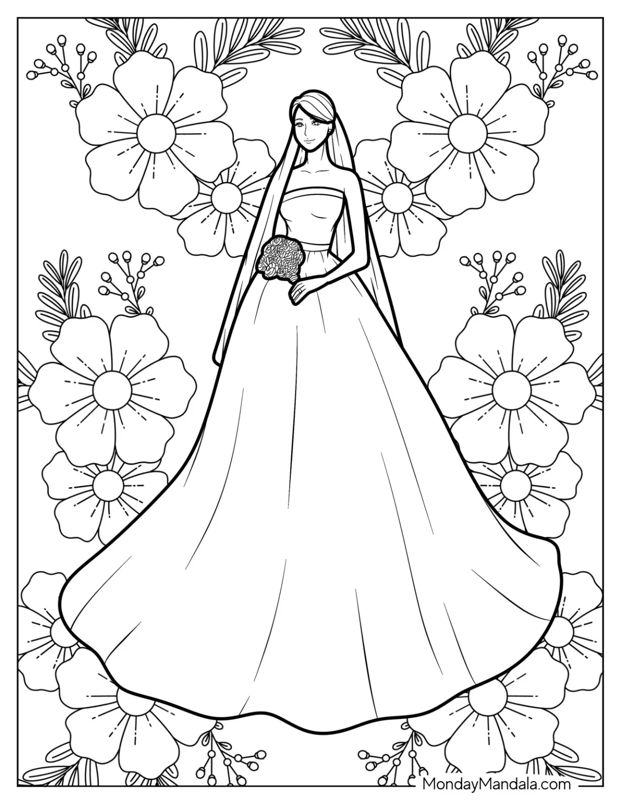 Fashion Coloring Page Of Bride In Princess Style Wedding Gown coloring page — printable line art