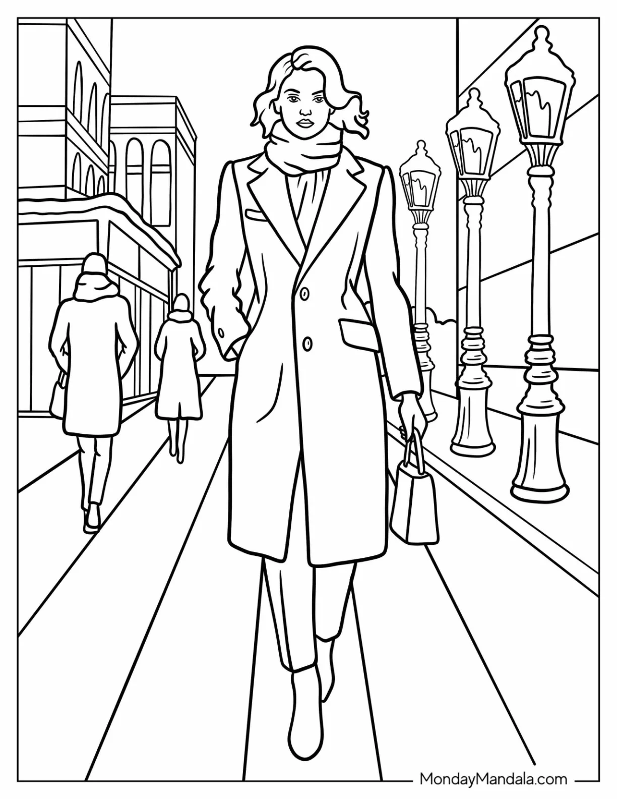 Fashion Coloring Page of Chic Woman in Long Winter Coat and Scarf Walking Through a City coloring page