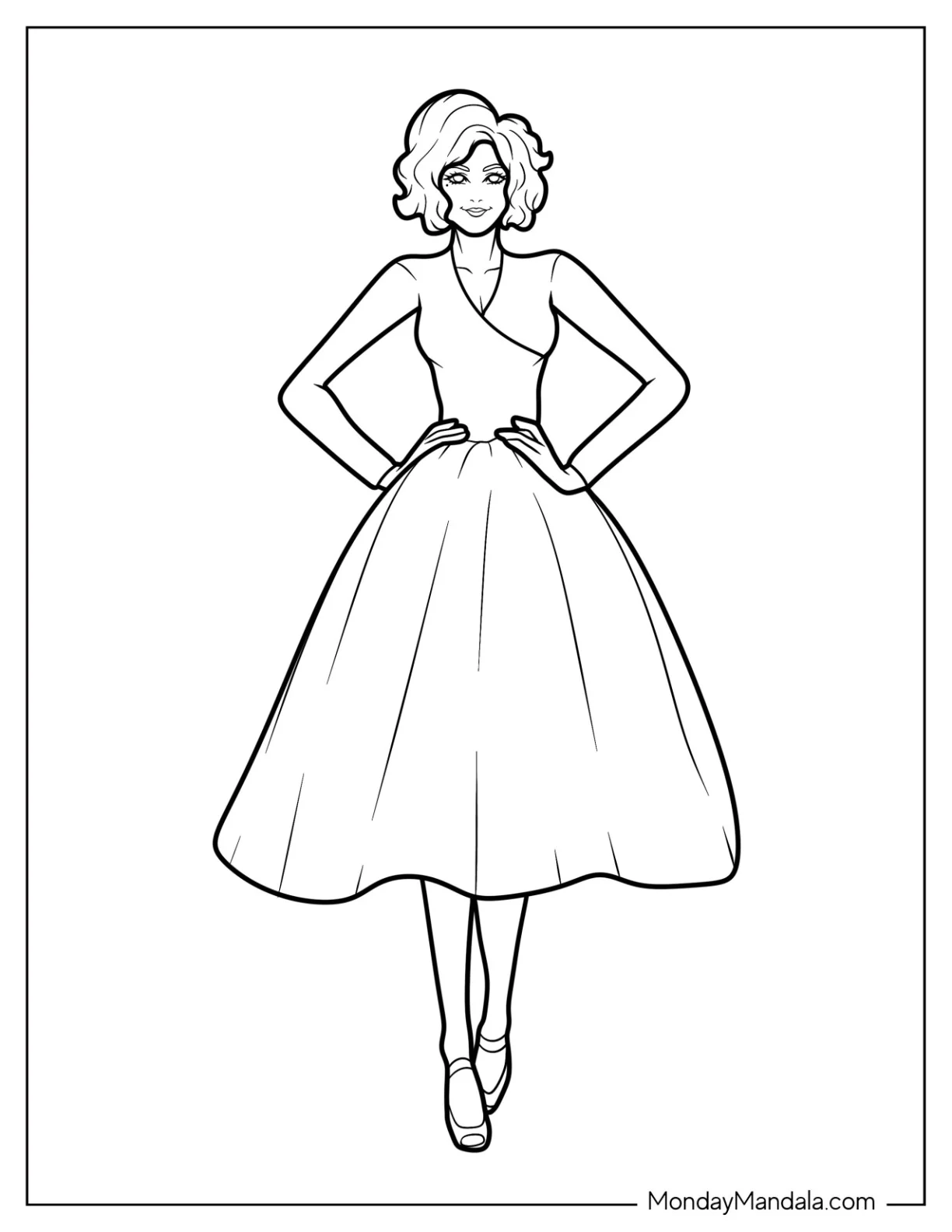 Fashion Coloring Page Of Easy Outline Of Woman In Midi Dress With Flare Skirt coloring page — printable line art