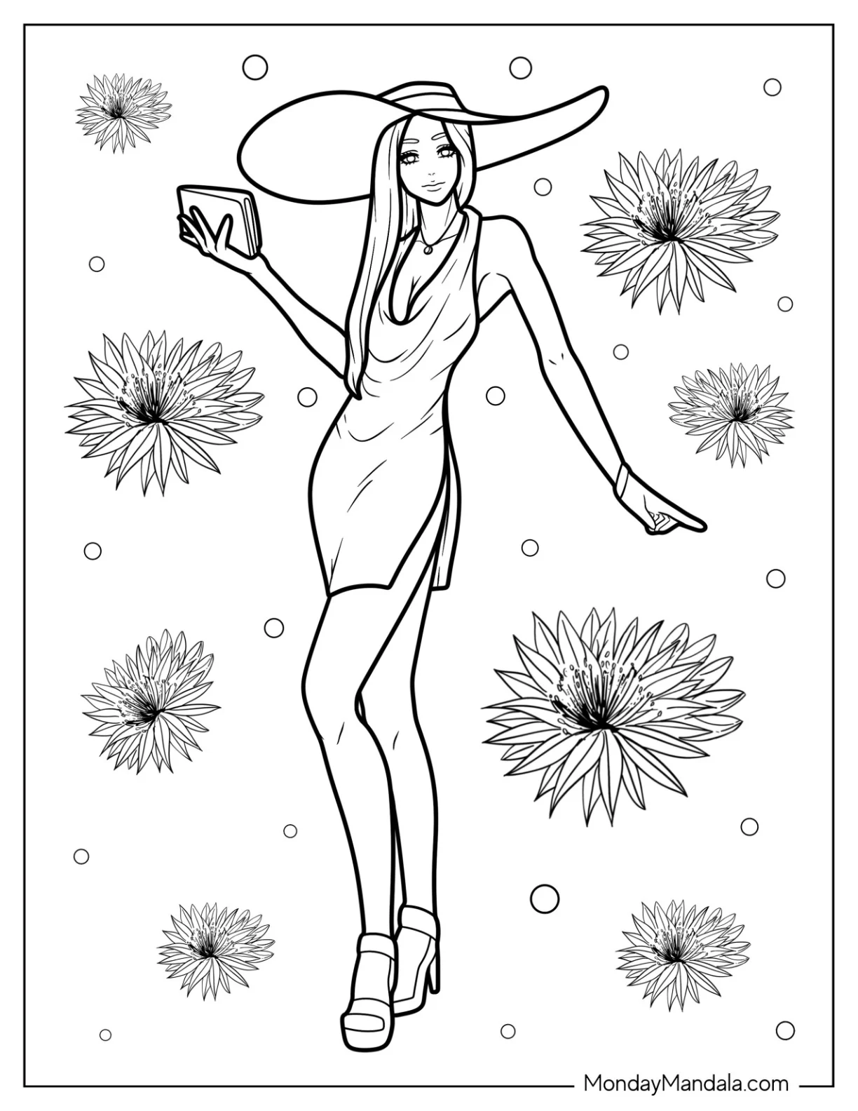 Fashion Coloring Page Of Fashionista In Large Hat, Plunging Neckline Dress, And Heels coloring page