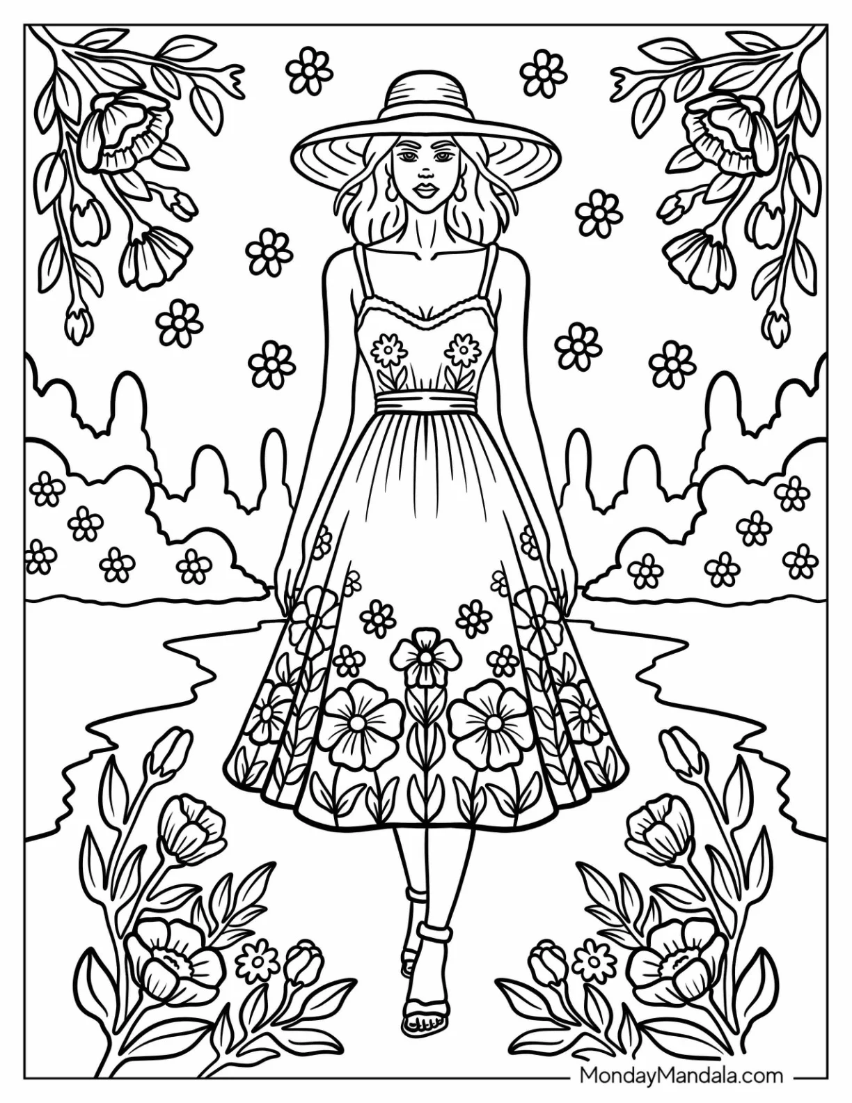 Fashion Coloring Page of Graceful Lady in a Floral Sundress and Wide Brimmed Hat Strolling Through a Garden coloring page — printable line art