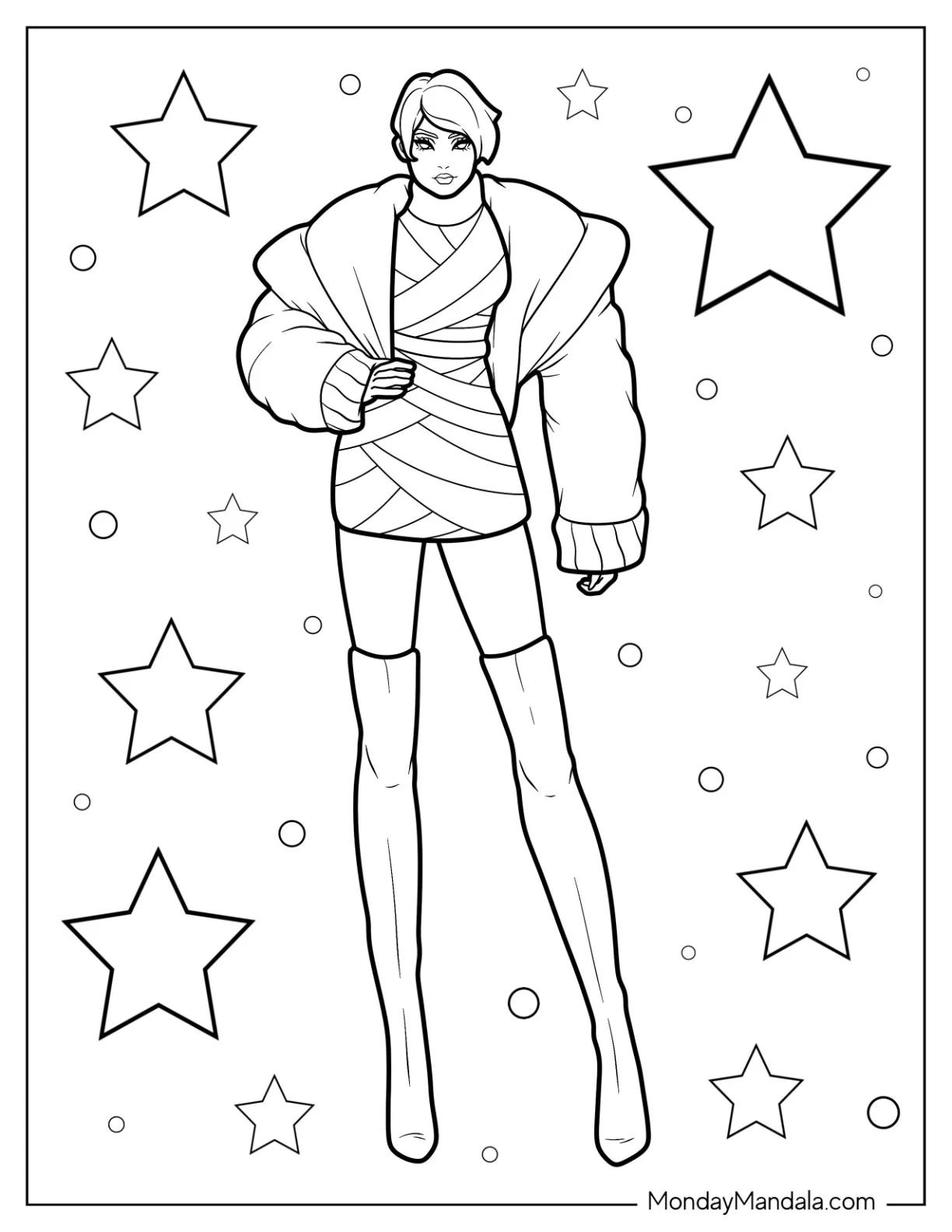 Fashion Coloring Page Of Model In Mini Dress, Puff Jacket, And Boots coloring page