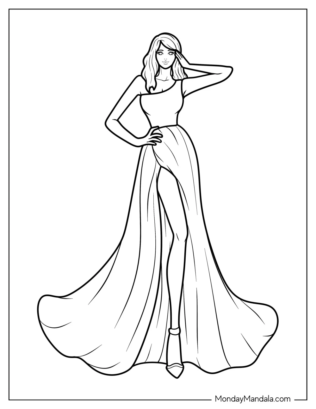 Fashion Coloring Page Of Model In One Shoulder Top And High Slit Skirt coloring page — printable line art