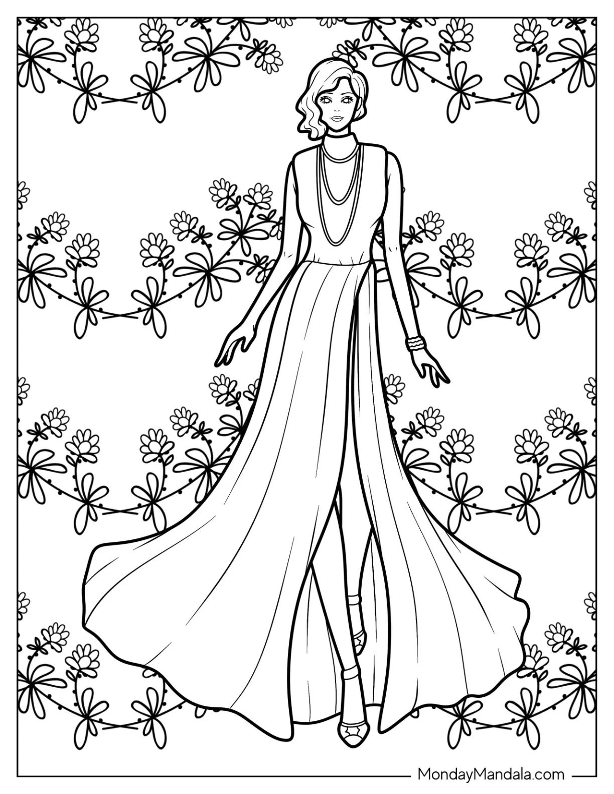 Fashion Coloring Page Of Model In Turtleneck Gown With High Slit coloring page — printable line art