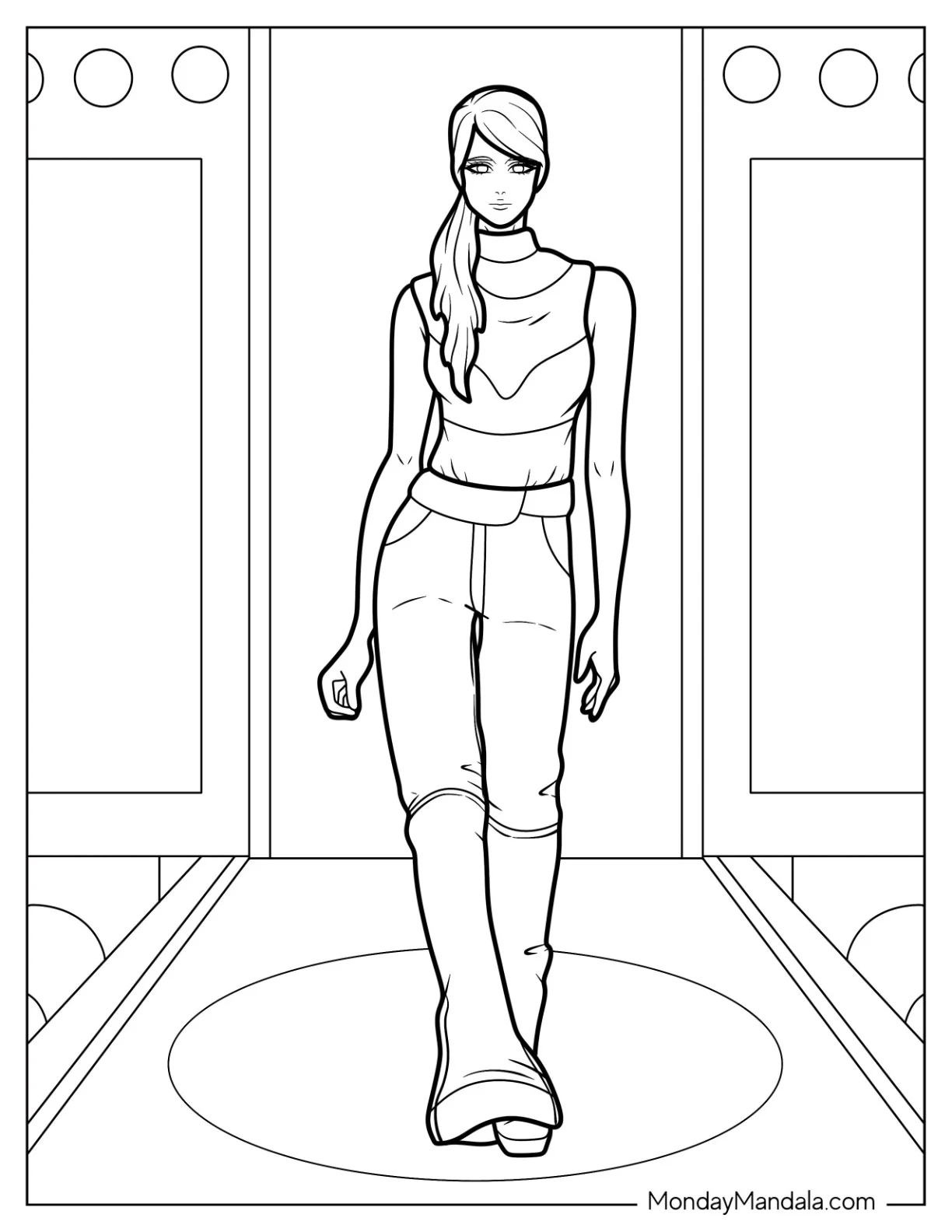Fashion Coloring Page Of Model Walking Down The Runway coloring page — printable line art