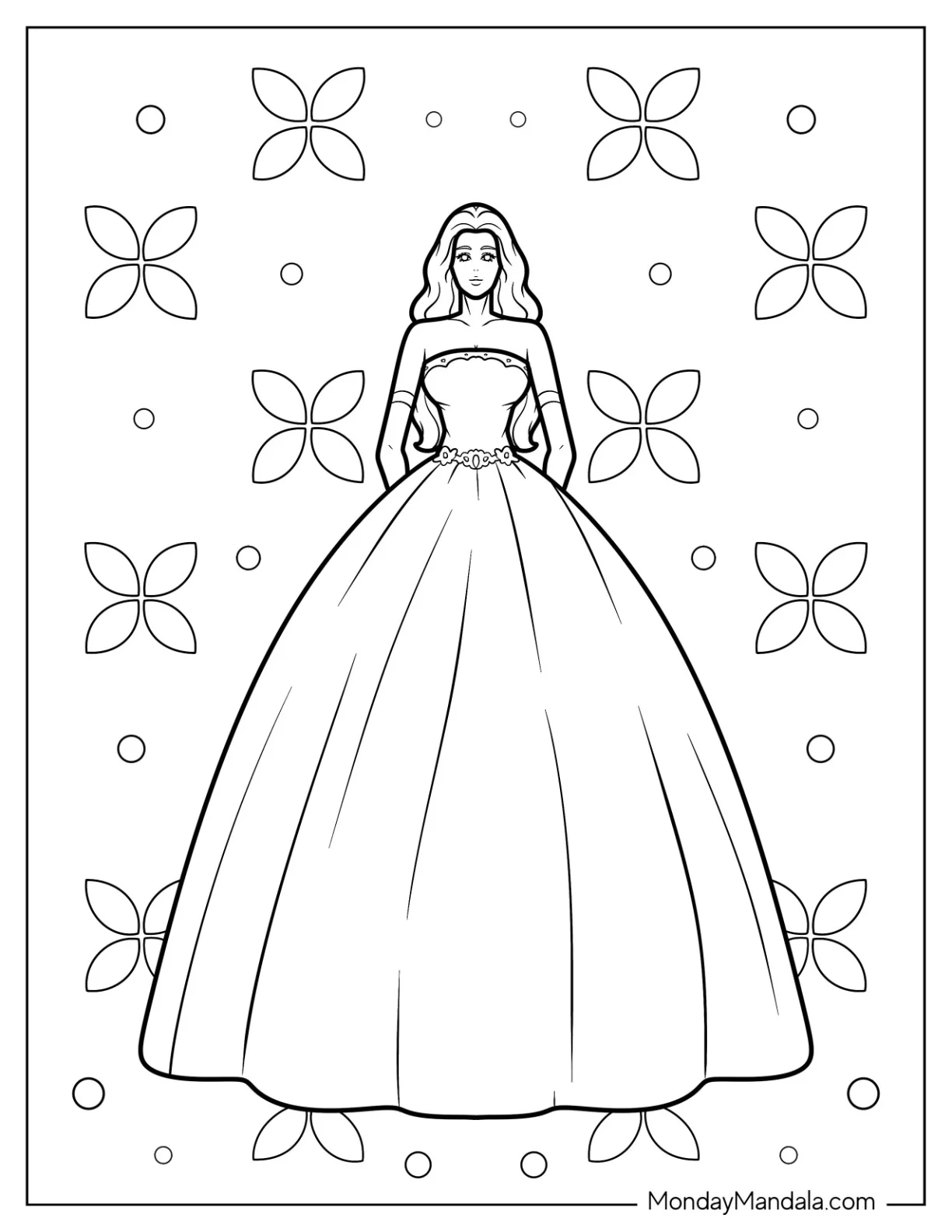 Fashion Coloring Page Of Model Wearing Bridal Gown coloring page — printable line art