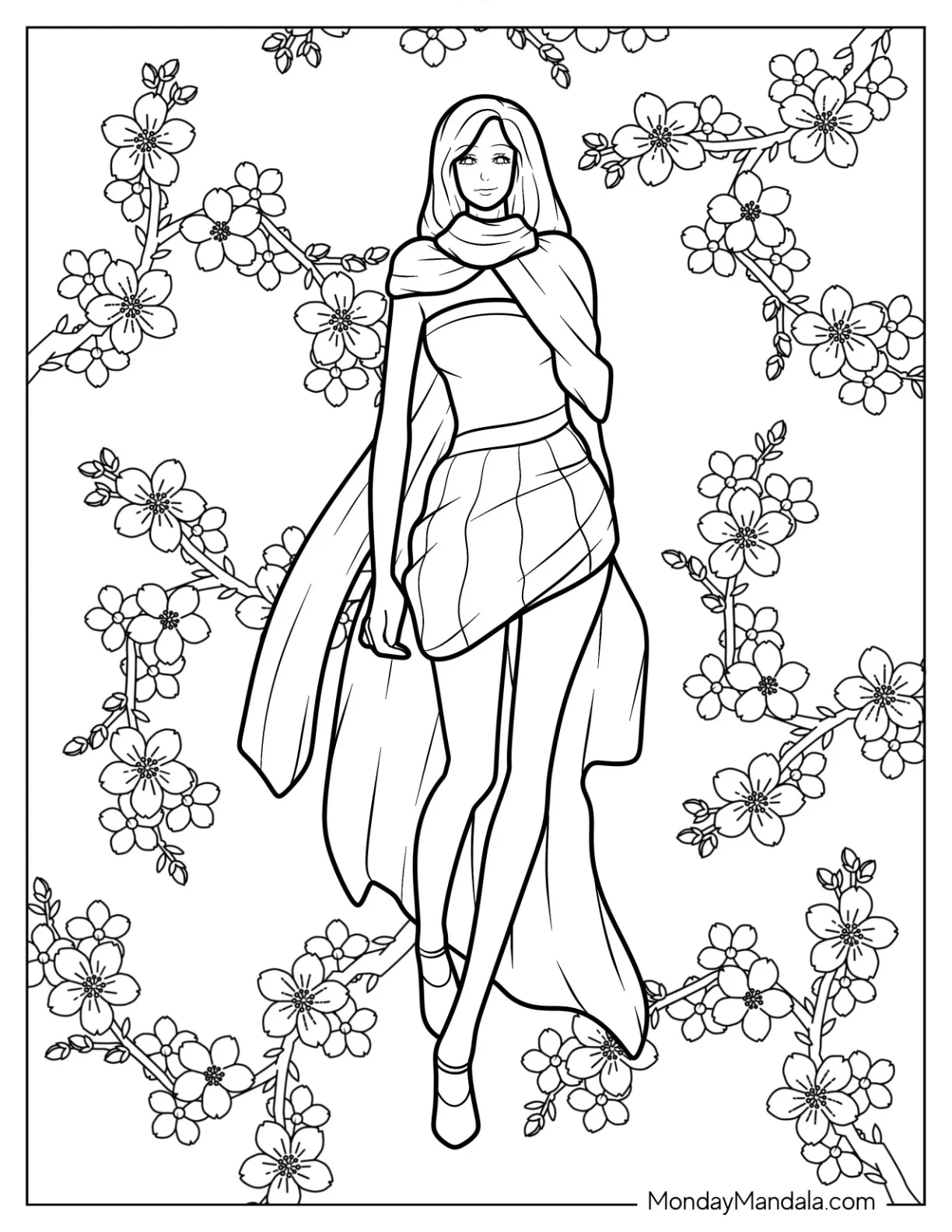 Fashion Coloring Page Of Model Wearing Short Dress With Trail And Long Scarf coloring page — printable line art