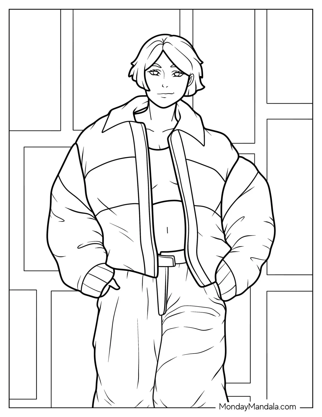 Fashion Coloring Page Of Realistic Woman In Crop Top And Puff Jacket coloring page