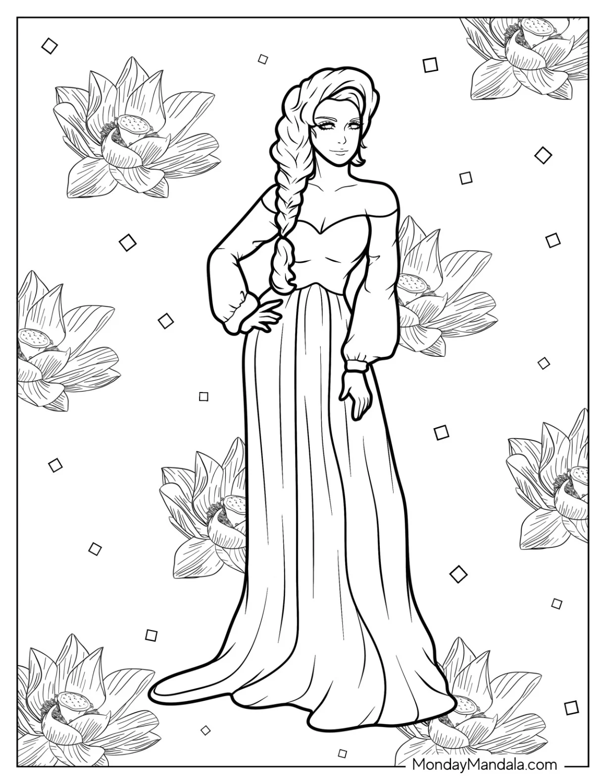 Fashion Coloring Page Of Realistic Woman With Braided Hair Wearing Sweetheart Neckline Long Gown coloring page