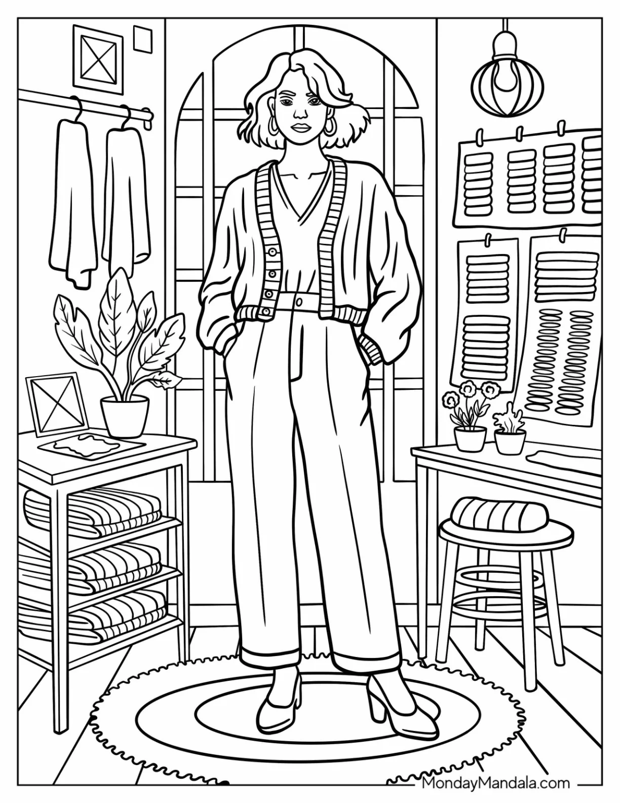 Fashion Coloring Page of Woman in a Chic Modern Outfit with Wide Leg Pants and Cardigan coloring page