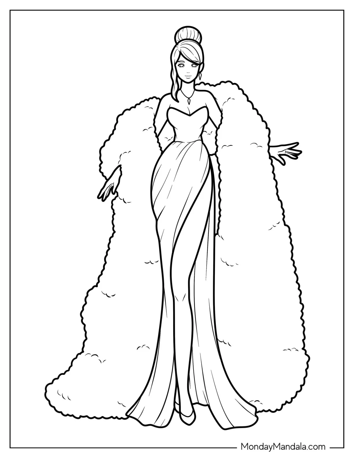 Fashion Coloring Page Of Woman Wearing Gown With High Slit And Fur Shawl coloring page — printable line art