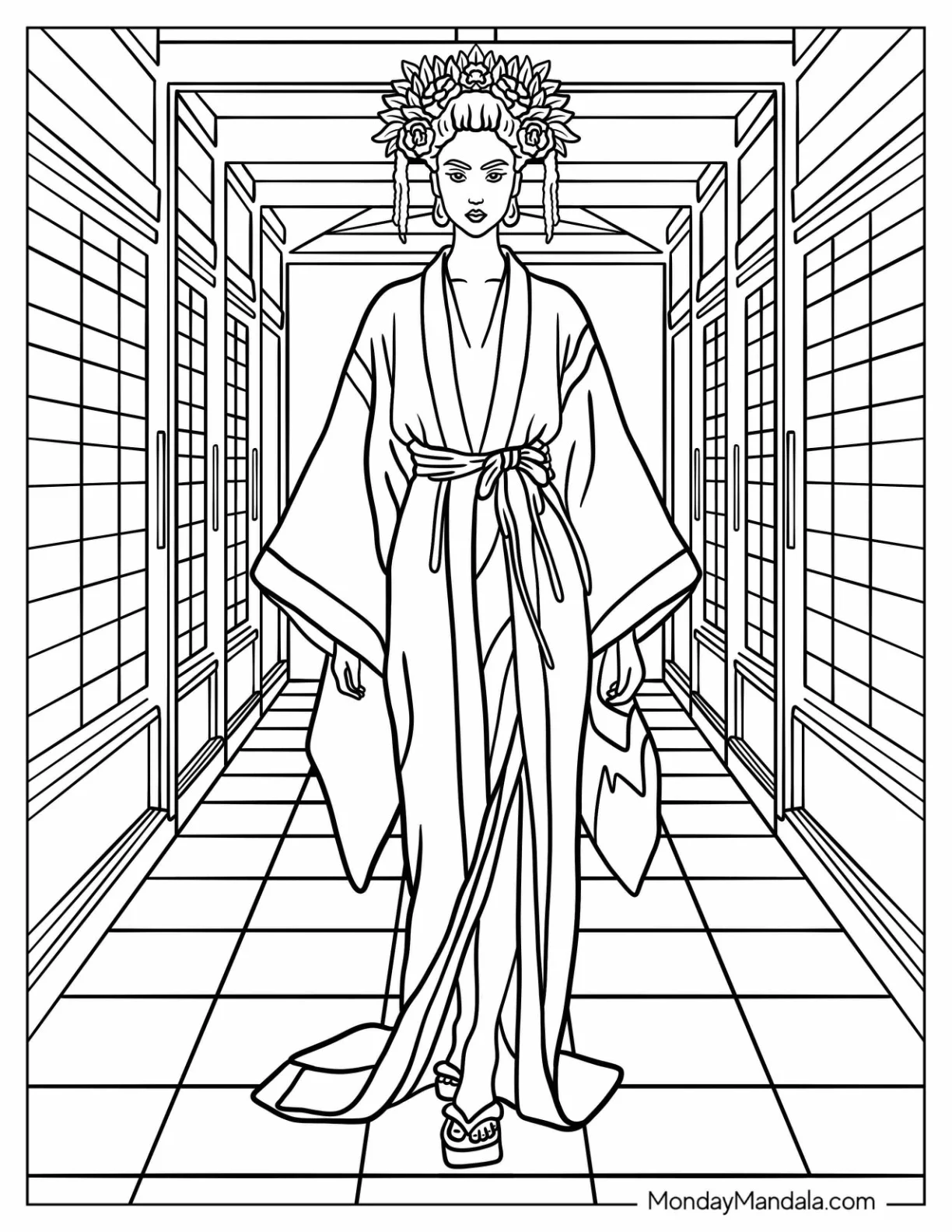 Japanese Woman in Kimono with Flowing Sleeves and Ornate Floral Headdress Fashion Coloring Page coloring page — printable line art