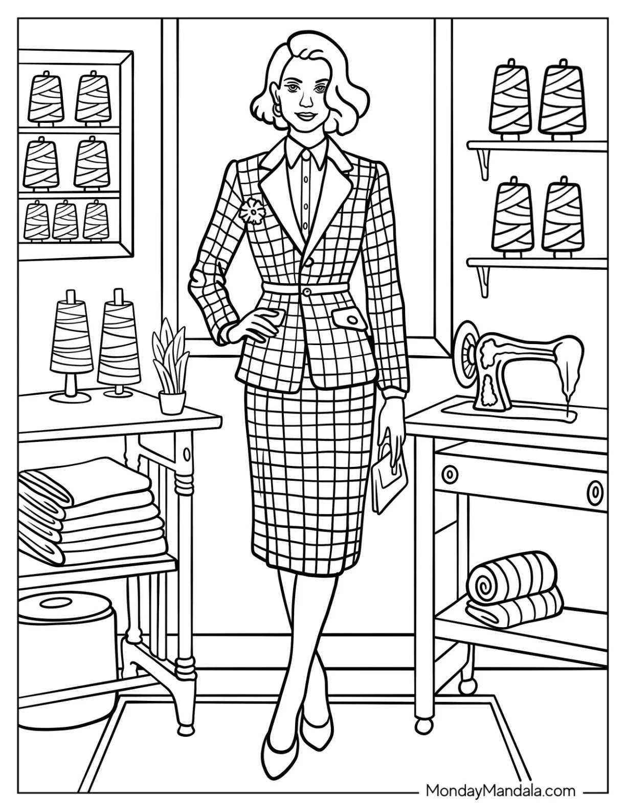 Model in a Classic 1950s Pencil Skirt Suit with Checkered Pattern in a Sewing Studio Fashion Coloring Page coloring page