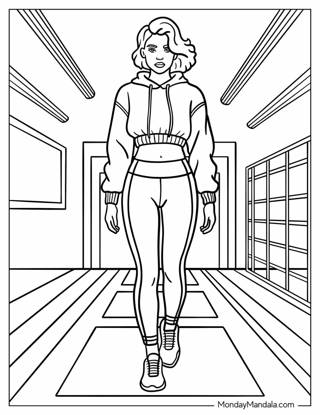 Modern Athleisure Outfit with Cropped Hoodie and Leggings Streetwear Fashion Coloring Page coloring page — printable line art