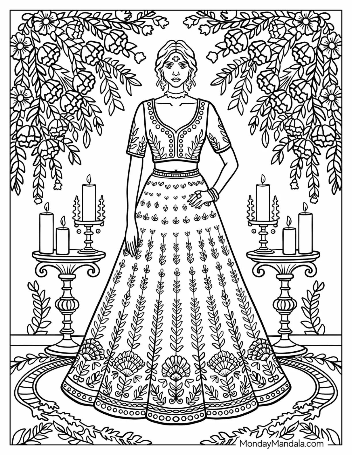 Ornate Evening Dress with Intricate Patterns in a Romantic Garden Setting Fashion Coloring Page coloring page — printable line art