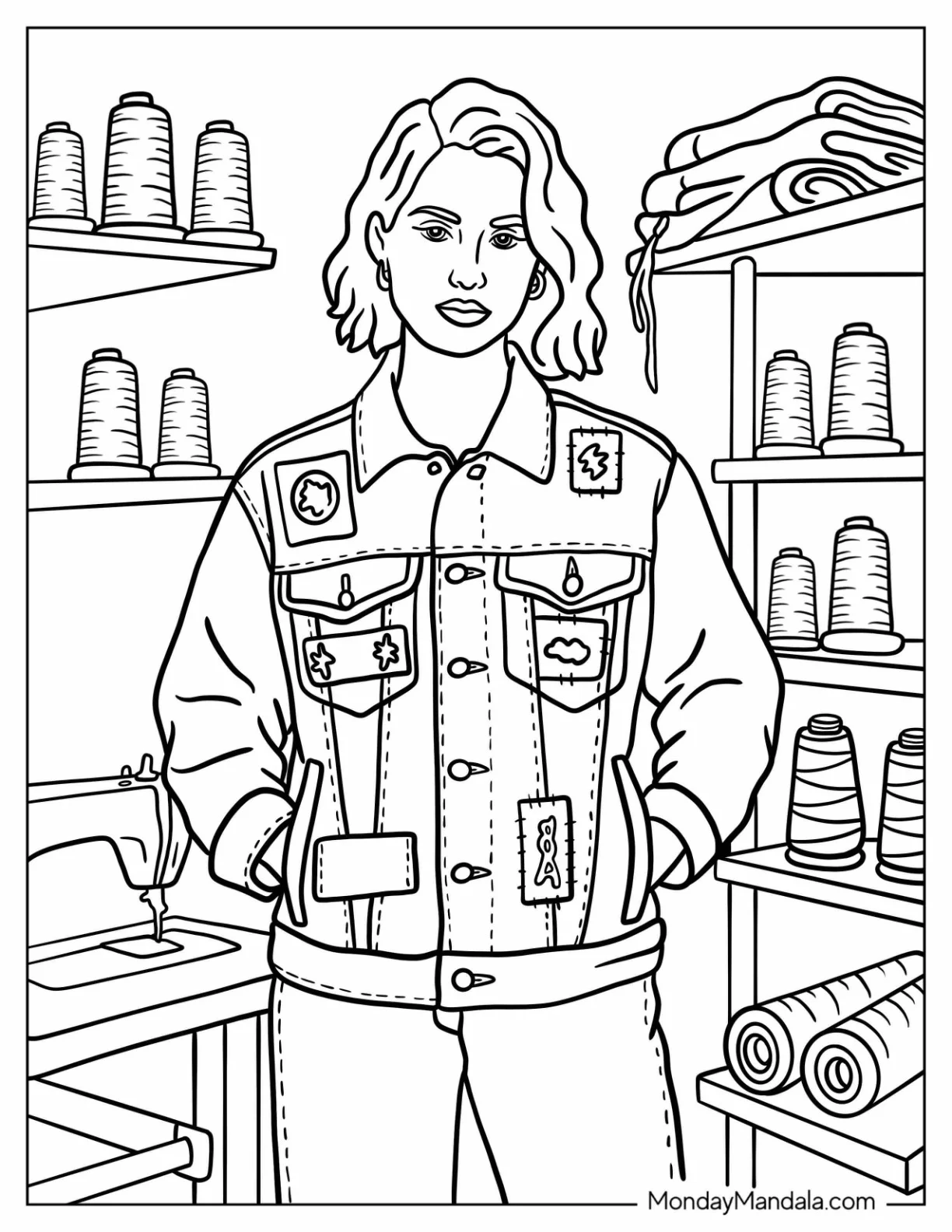 Pretty Woman in Trendy Denim Jacket with Bold Patchwork Fashion Coloring Page coloring page