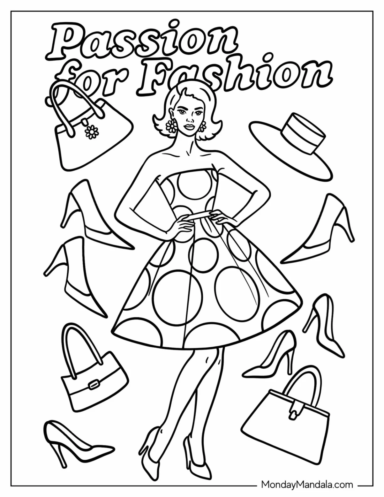 Retro Polka Dot Dress with High Heels and Handbags in Vintage Fashion Coloring Page coloring page