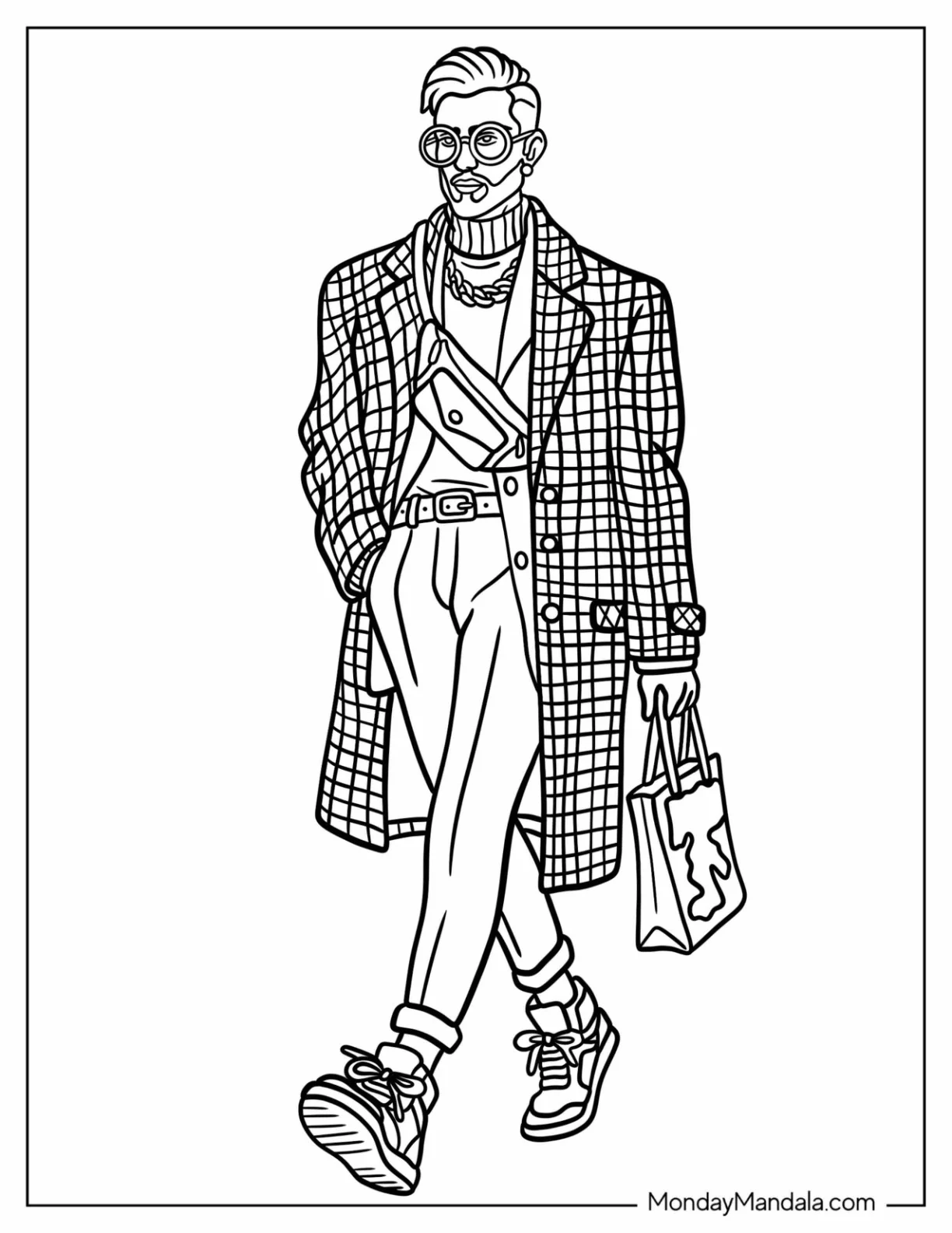 Trendy Man in a Plaid Overcoat and Sneakers Strutting with Shopping Bag Fashion Coloring Page coloring page