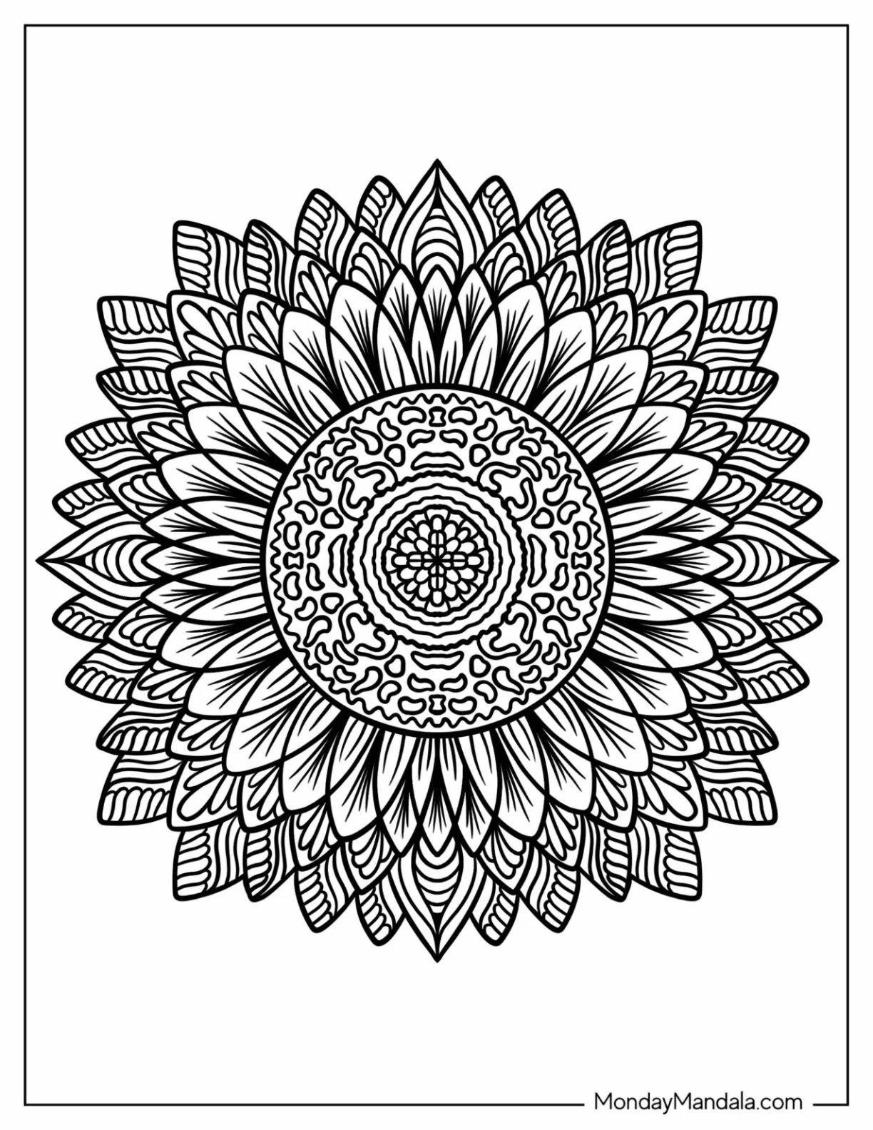 Detailed Sunflower Mandala Coloring Page coloring page — printable line art
