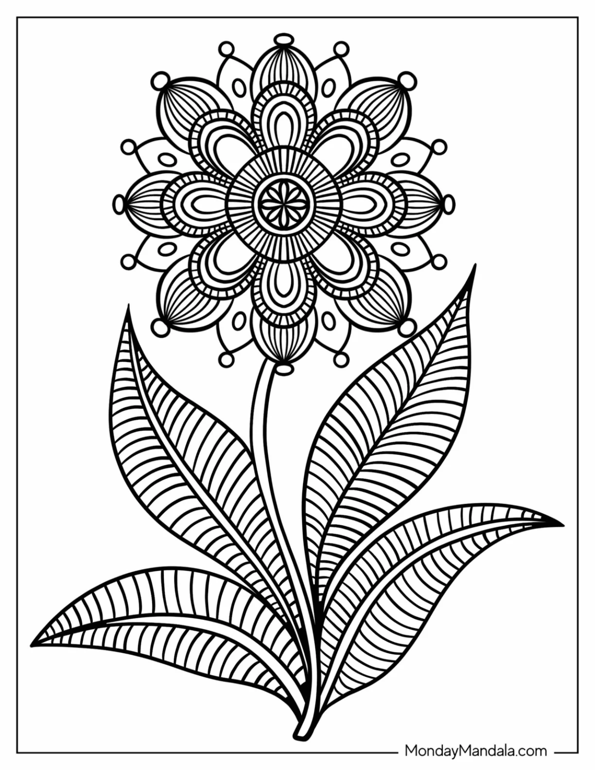 Easy Flower Mandala Coloring Page With Stem And Long Leaves coloring page — printable line art