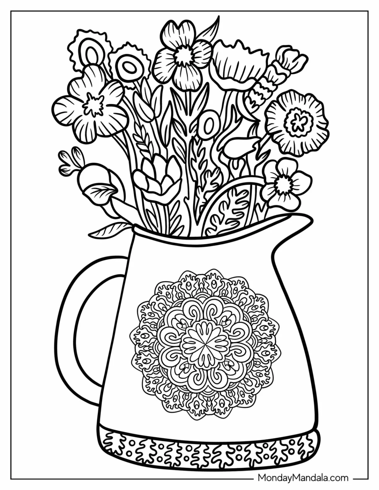 Flower Mandala Coloring Page Vase Full Of Wildflowers coloring page