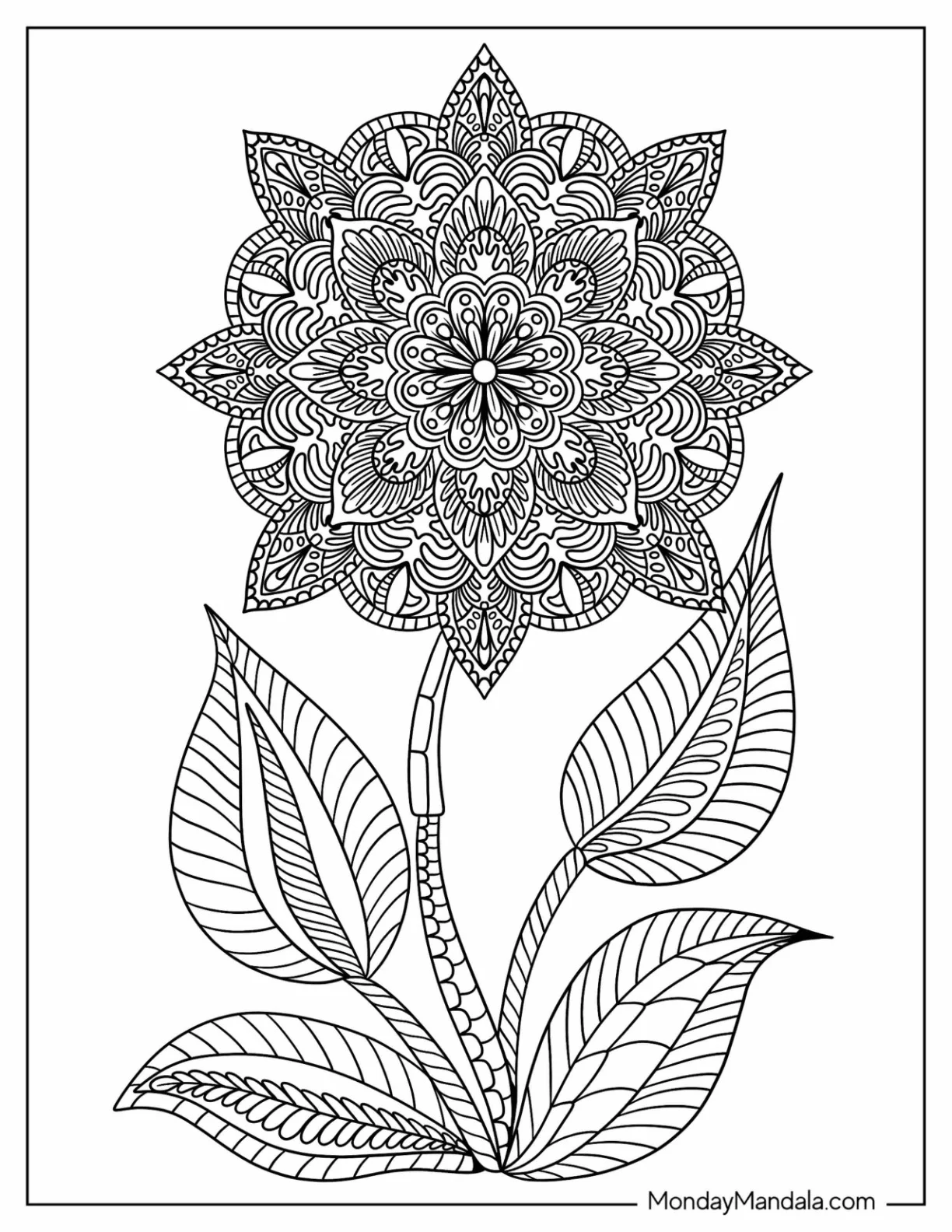Flower Mandala Coloring Page With Stem And Leaves coloring page