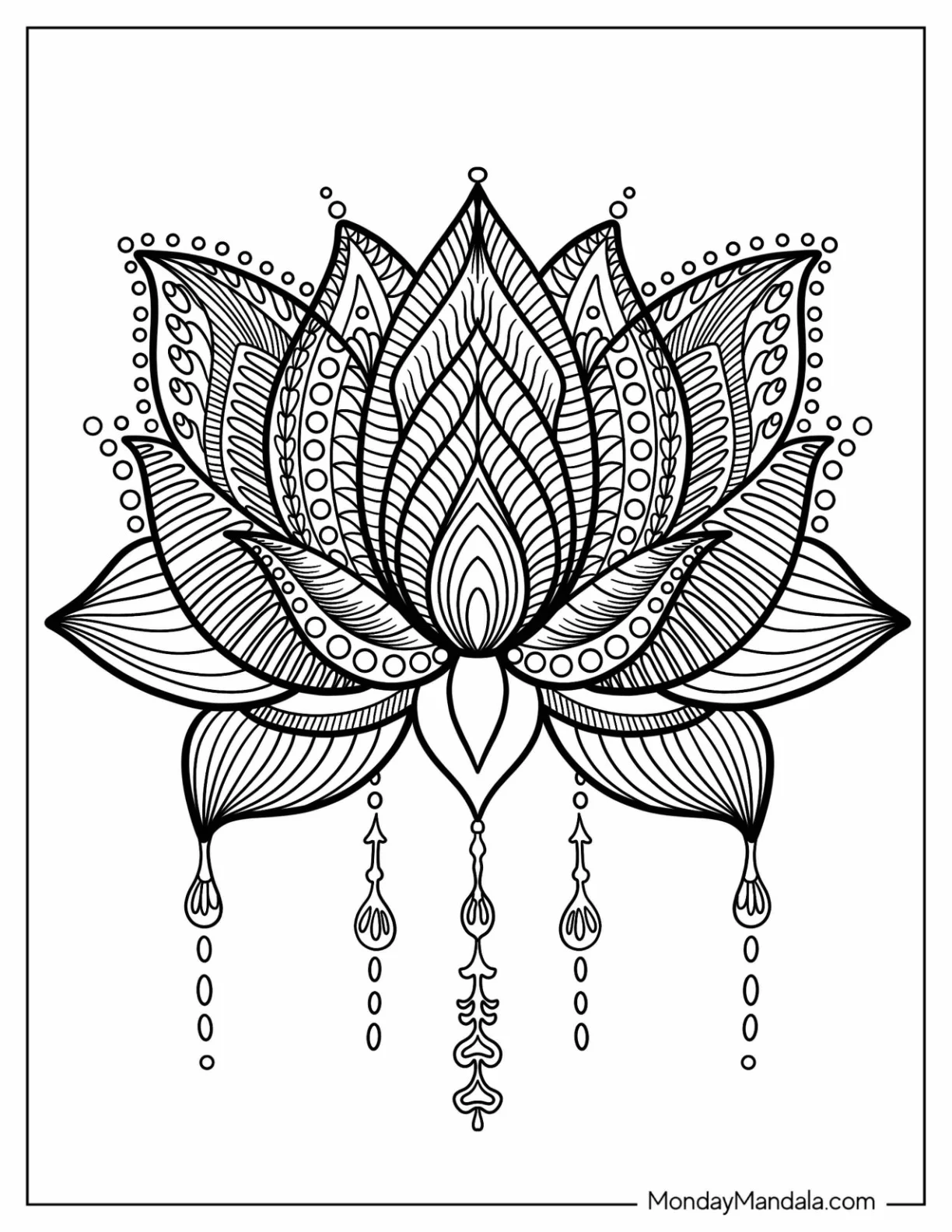 Lotus Flower Mandala Coloring Page With Hanging Crystals coloring page