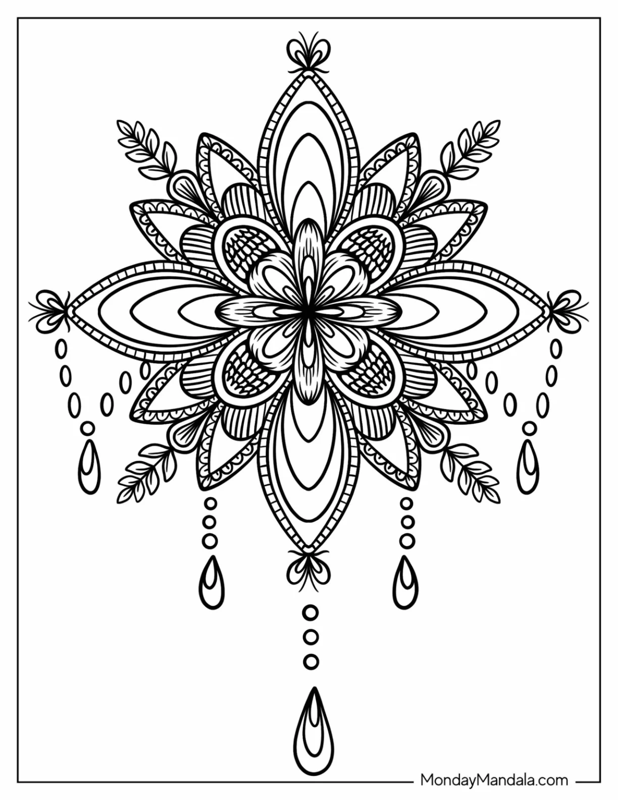 Tropical Lily Flower Mandala Coloring Page With Crystals coloring page — printable line art